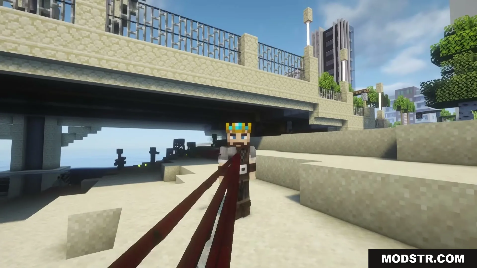 The Boys Unbalanced Mod Screenshot 1 Crowned Minecraft character fires red laser beams from eyes under a bridge