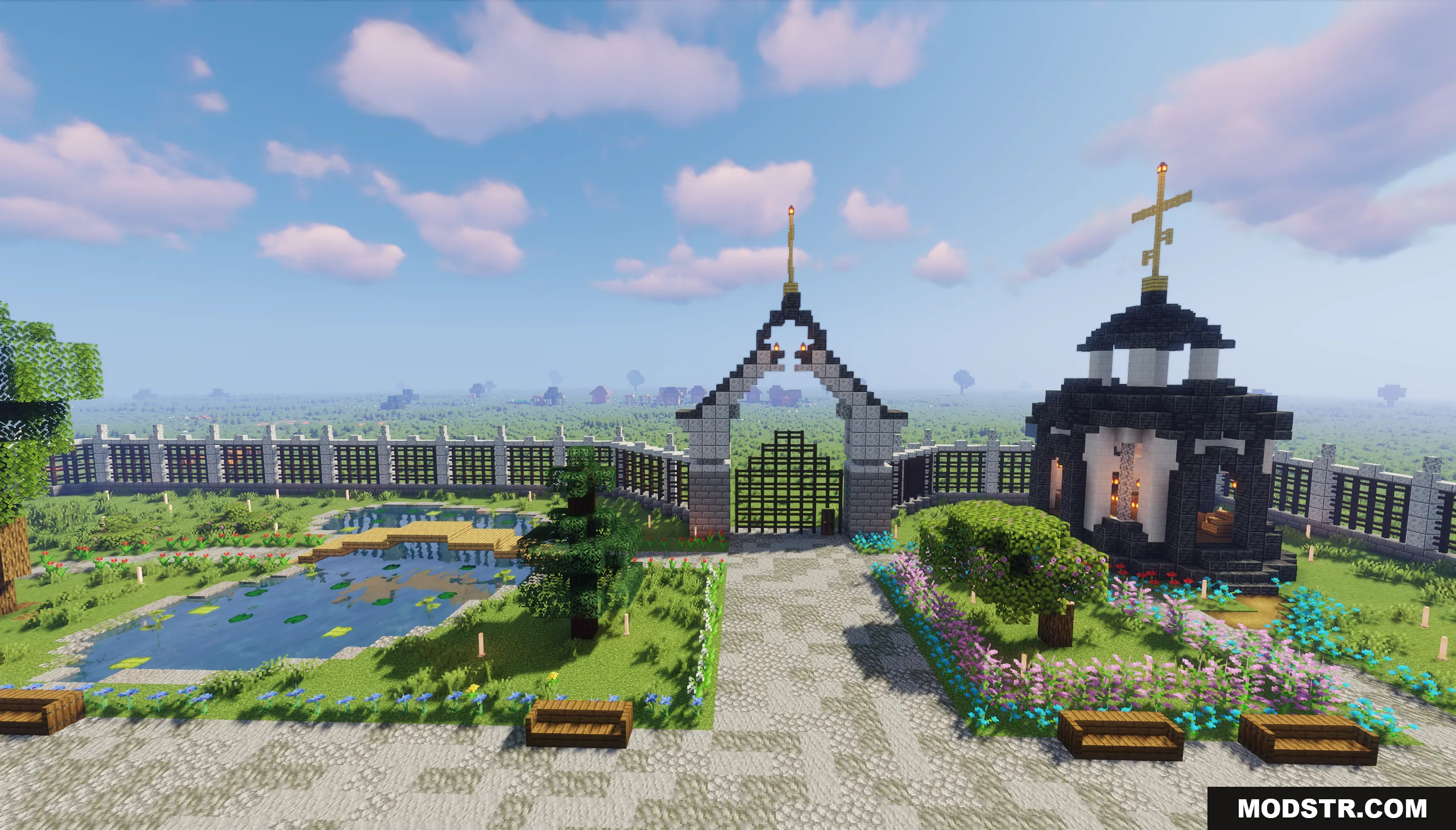 The Cerkov Map Screenshot 3 A gated entrance leads to a peaceful garden with a pond and chapel