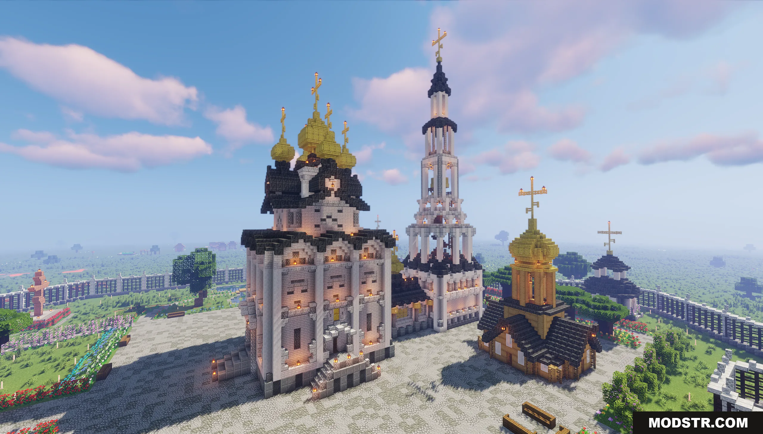The Cerkov Map Screenshot 6 Wide view of a Russian Orthodox church complex built in Minecraft