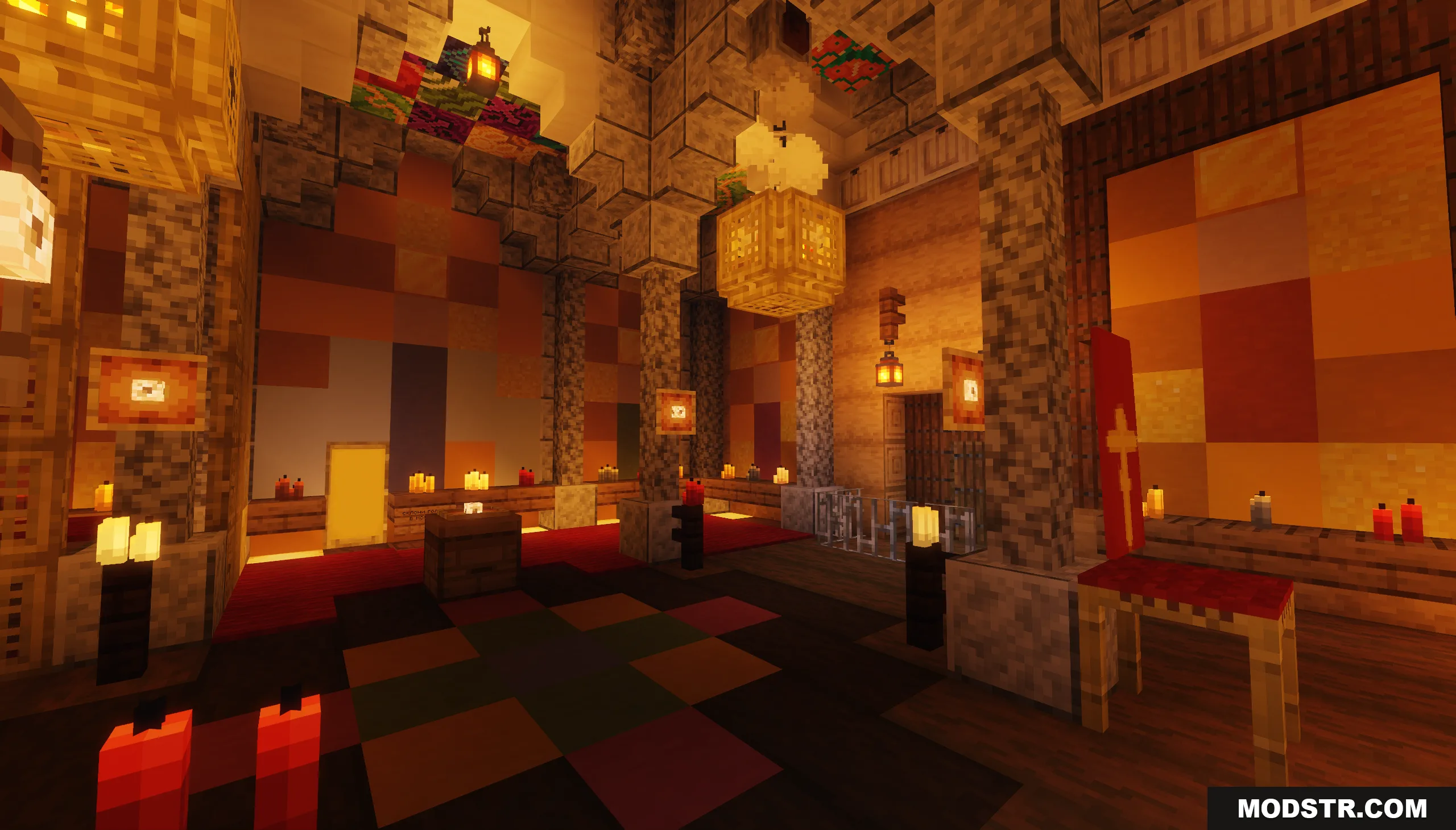 The Cerkov Map Screenshot 8 Interior of a grand church with stone pillars and red banners