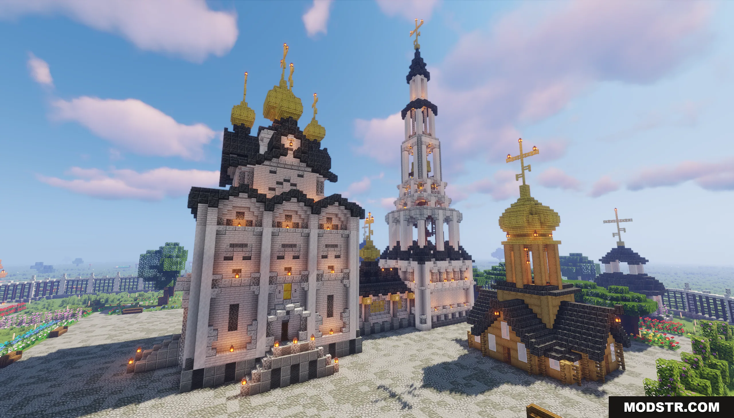 The Cerkov Map Screenshot 5 A large white Minecraft cathedral with golden onion domes and bell tower