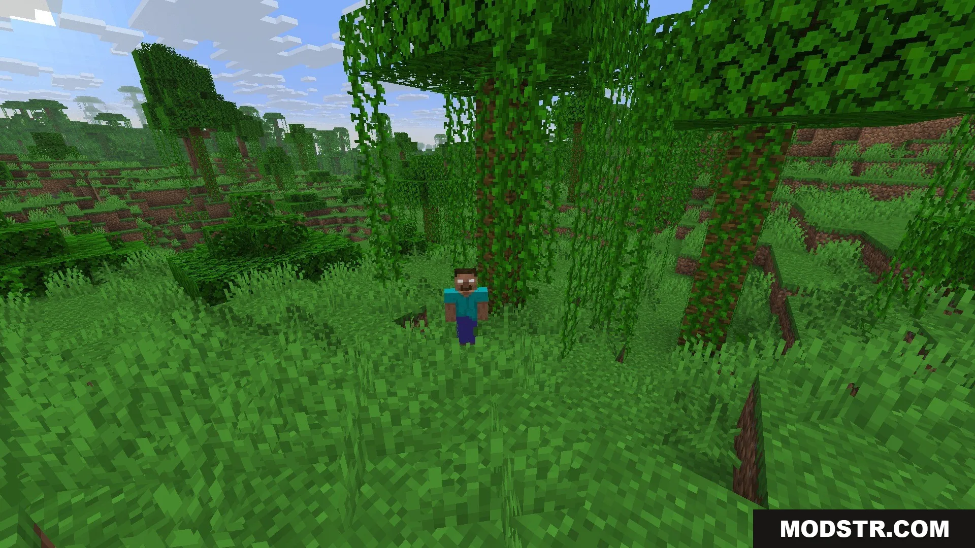 Herobrine stands among the vines and trees in a bright green jungle biome