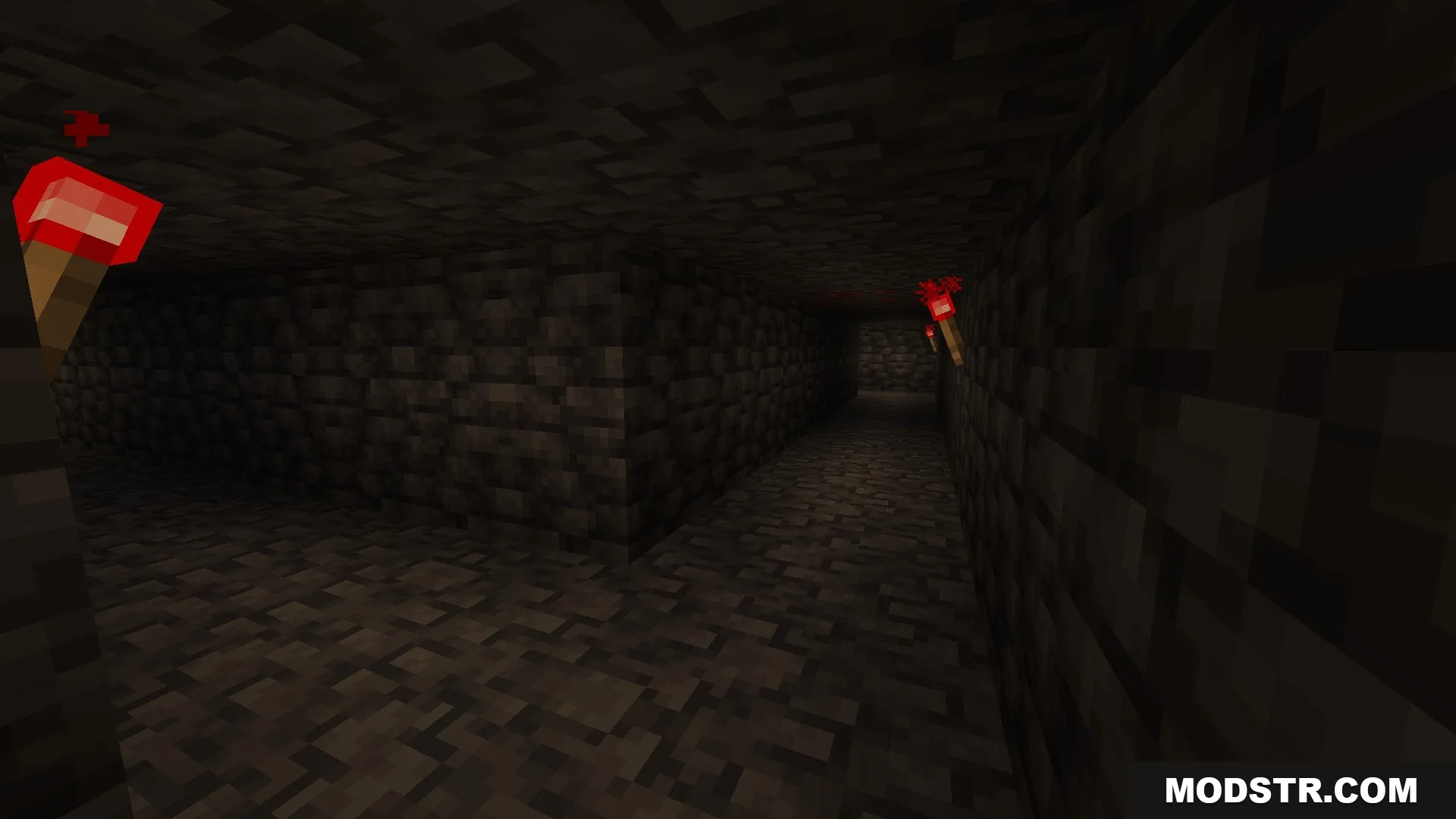A dark stone tunnel with redstone torches from the Classic Error Data Pack