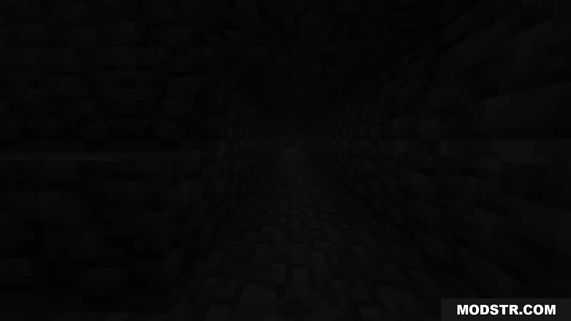 A pitch black stone corridor stretching deep into a mysterious underground mine
