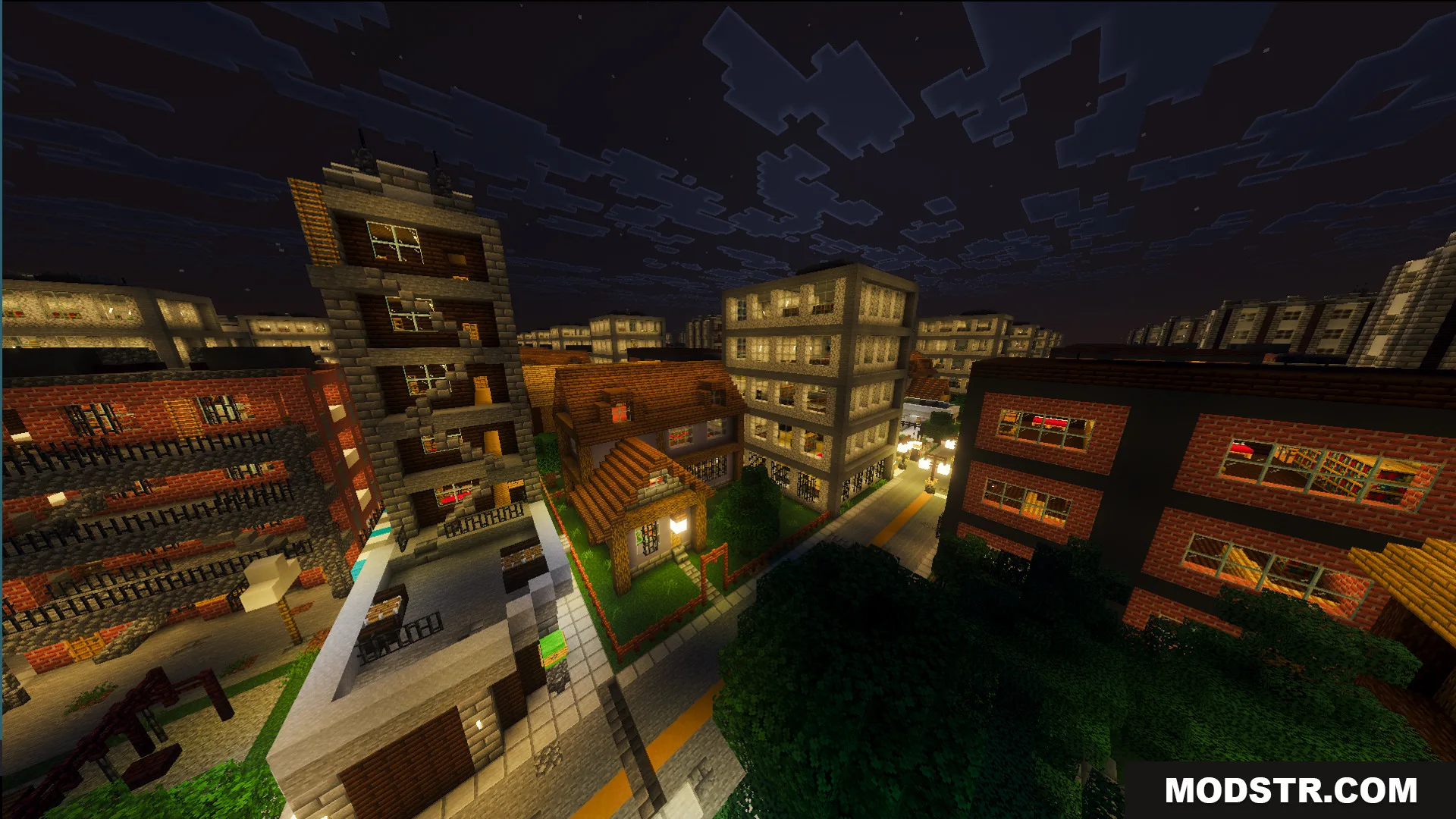 The Infinite City Map Screenshot 1 Nighttime view of various apartment buildings and houses in the Infinite City Map