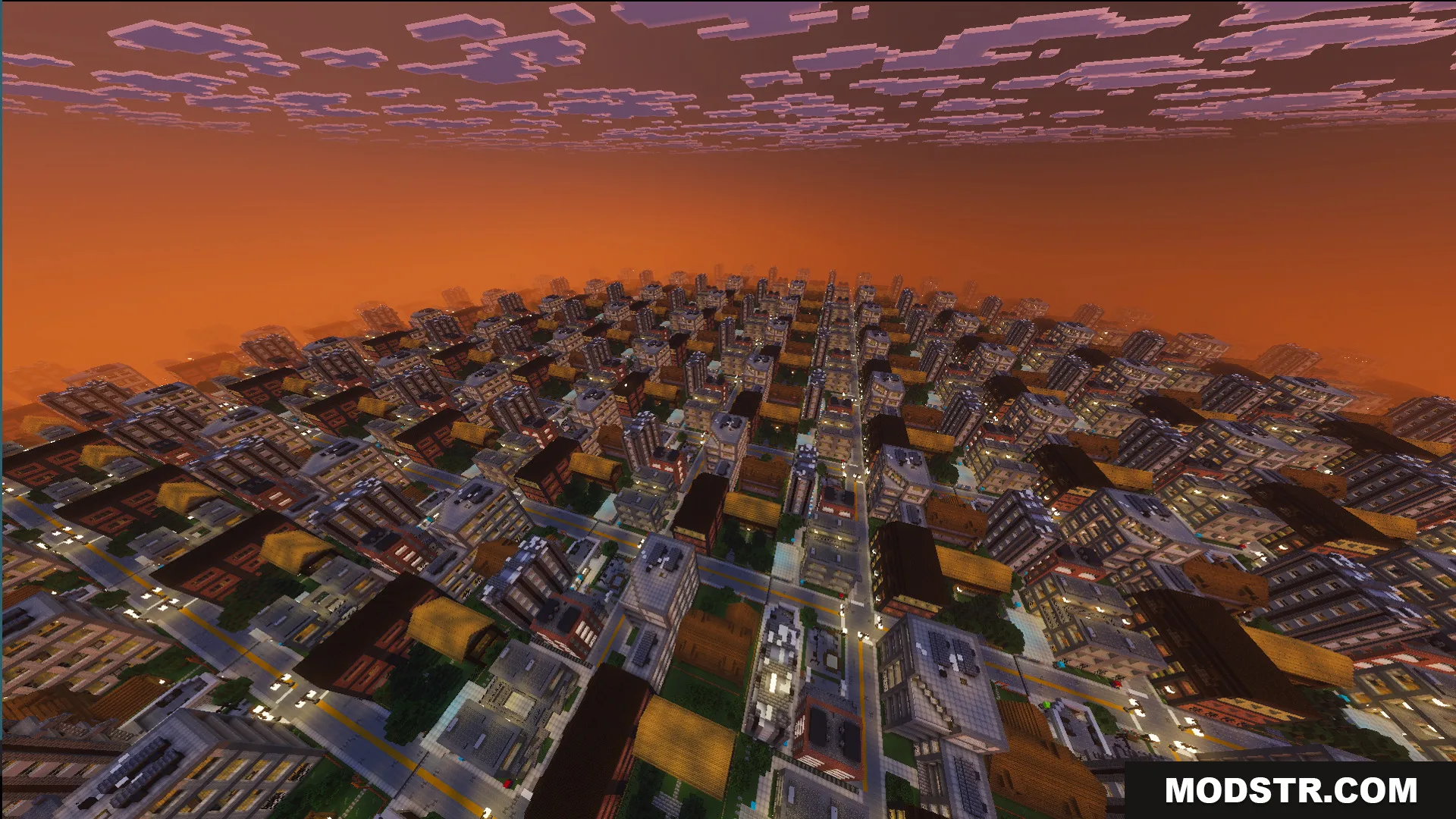 The Infinite City Map Screenshot 4 Wide perspective of endless avenues and buildings under a glowing orange sunset sky