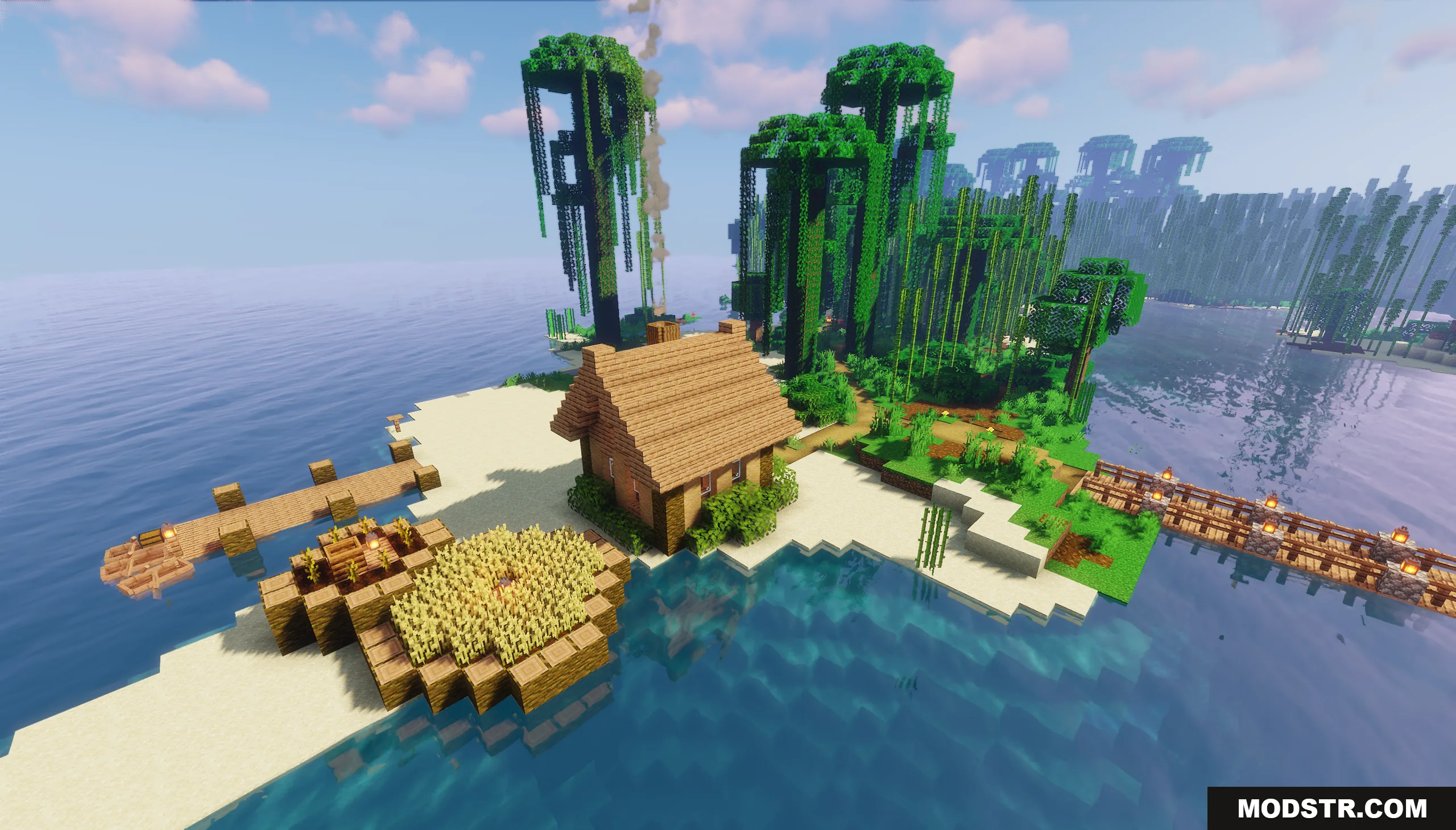 Small wooden house and wheat farm on a sandy tropical island