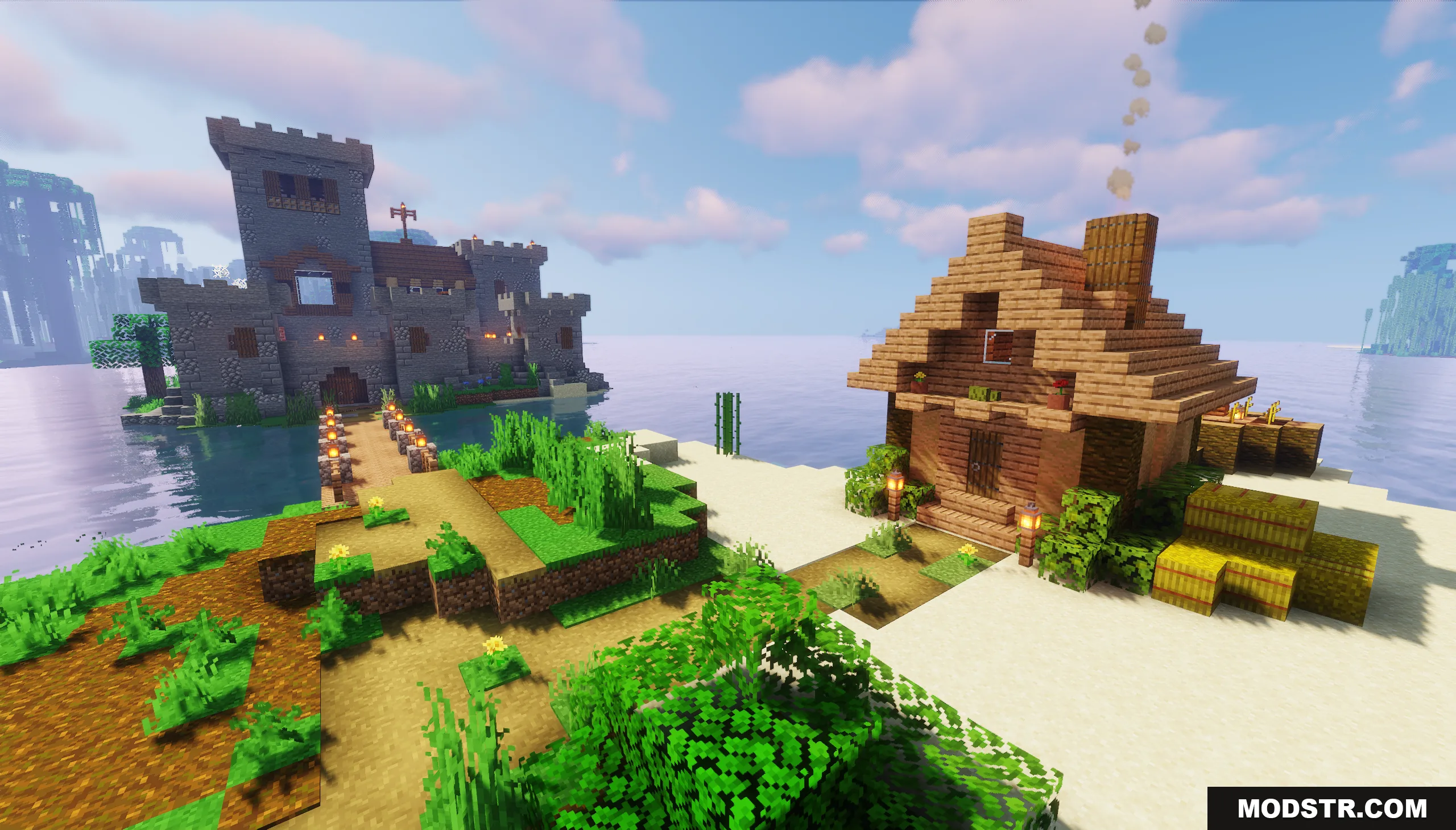 A wooden house on a beach next to a stone island castle