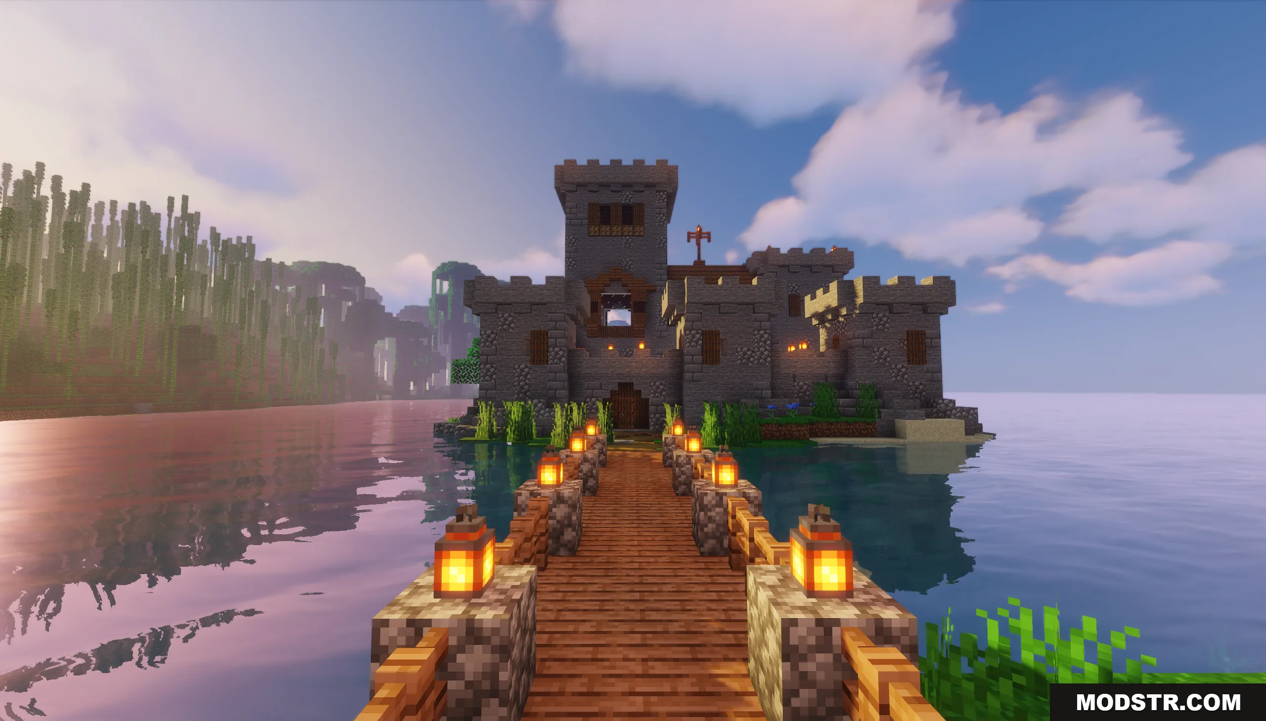 A wooden bridge with glowing lanterns leading to a medieval stone island castle