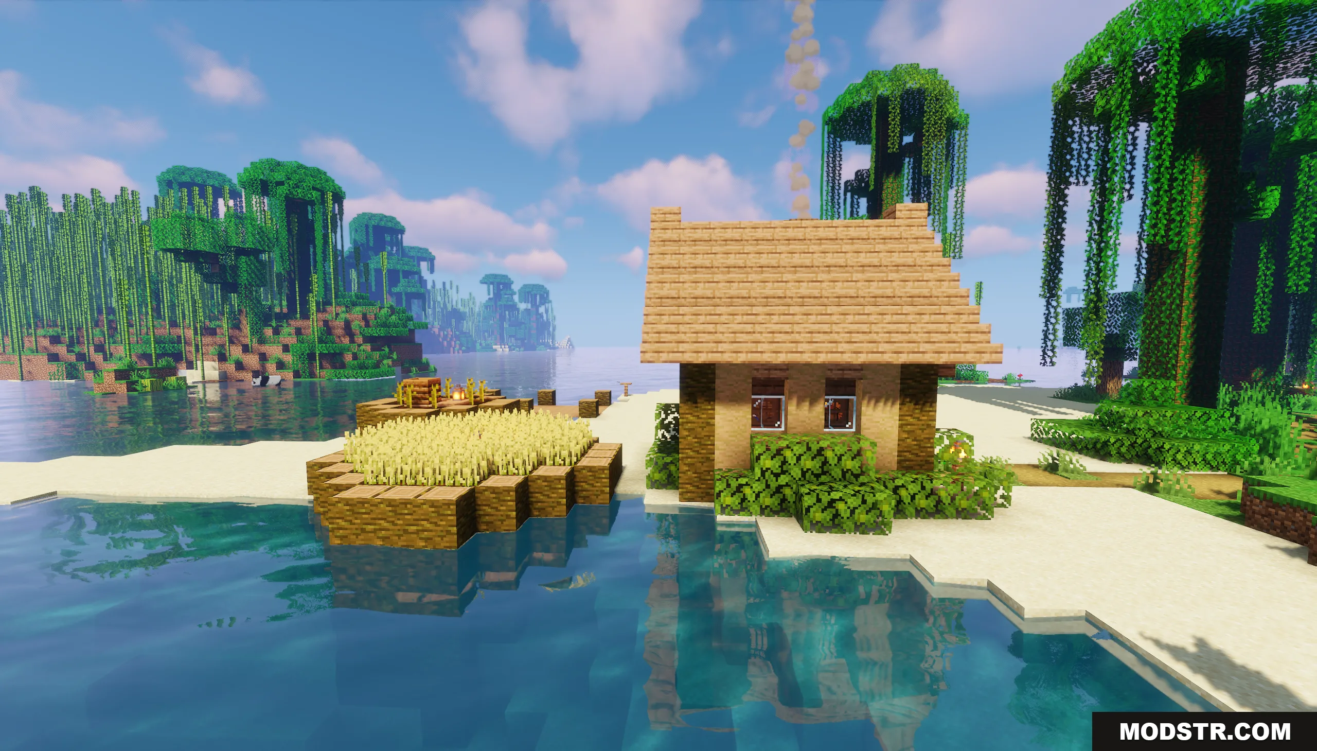 Small wooden house on a beach next to a tropical bamboo forest
