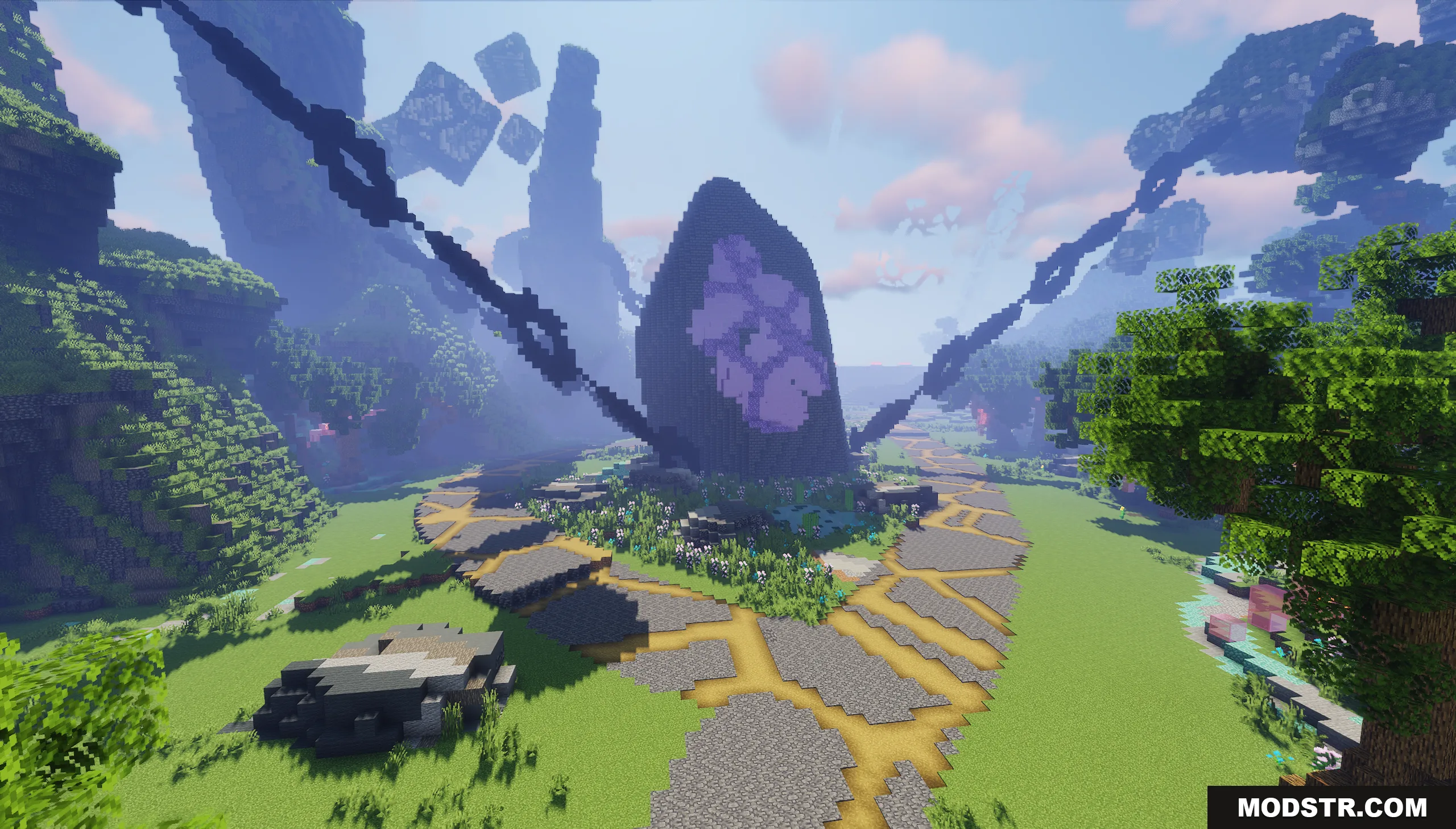Large dark altar structure with purple crystals and giant chains in a valley
