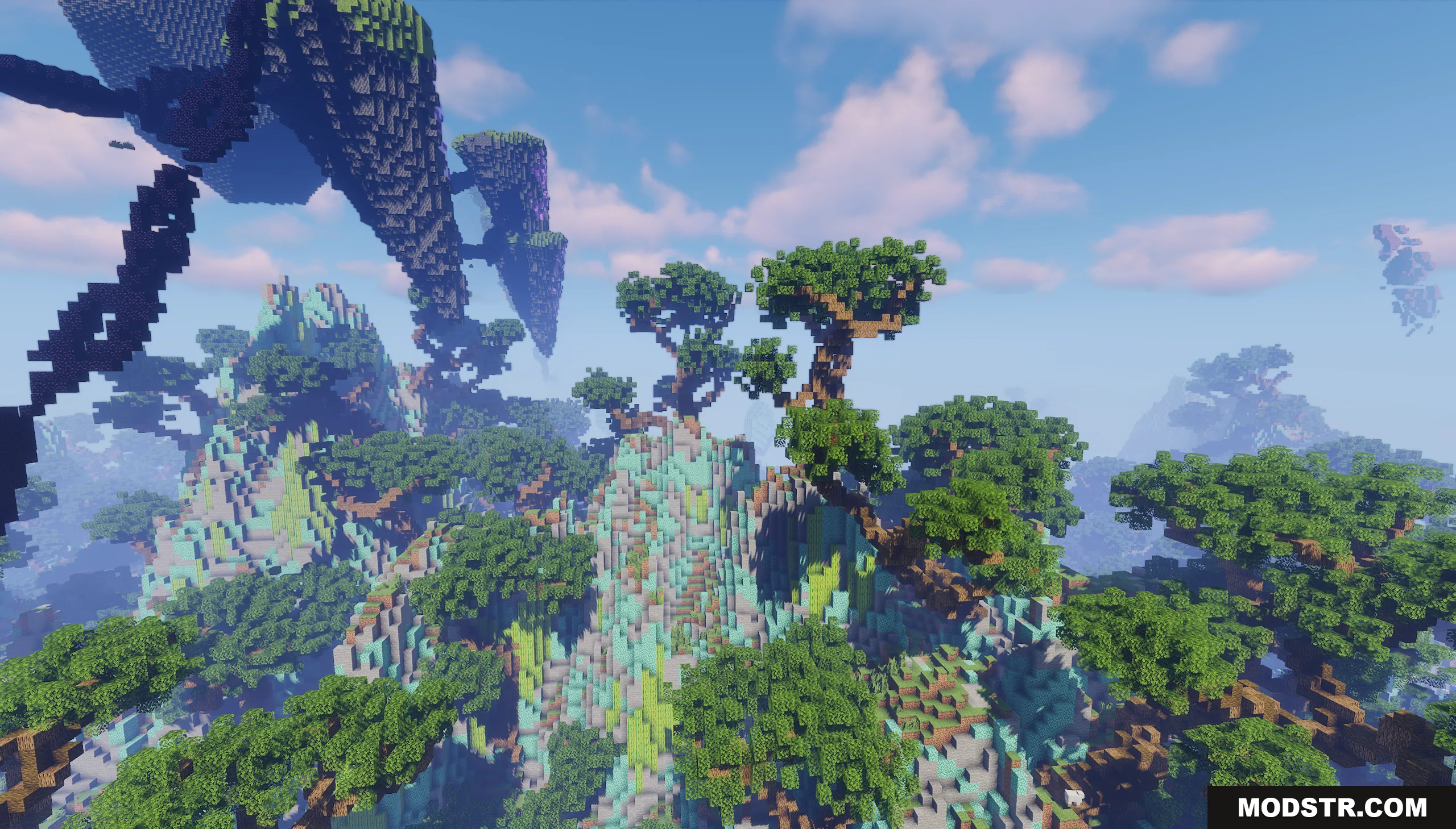 Cyan and green mountains covered with large custom trees in a Minecraft world