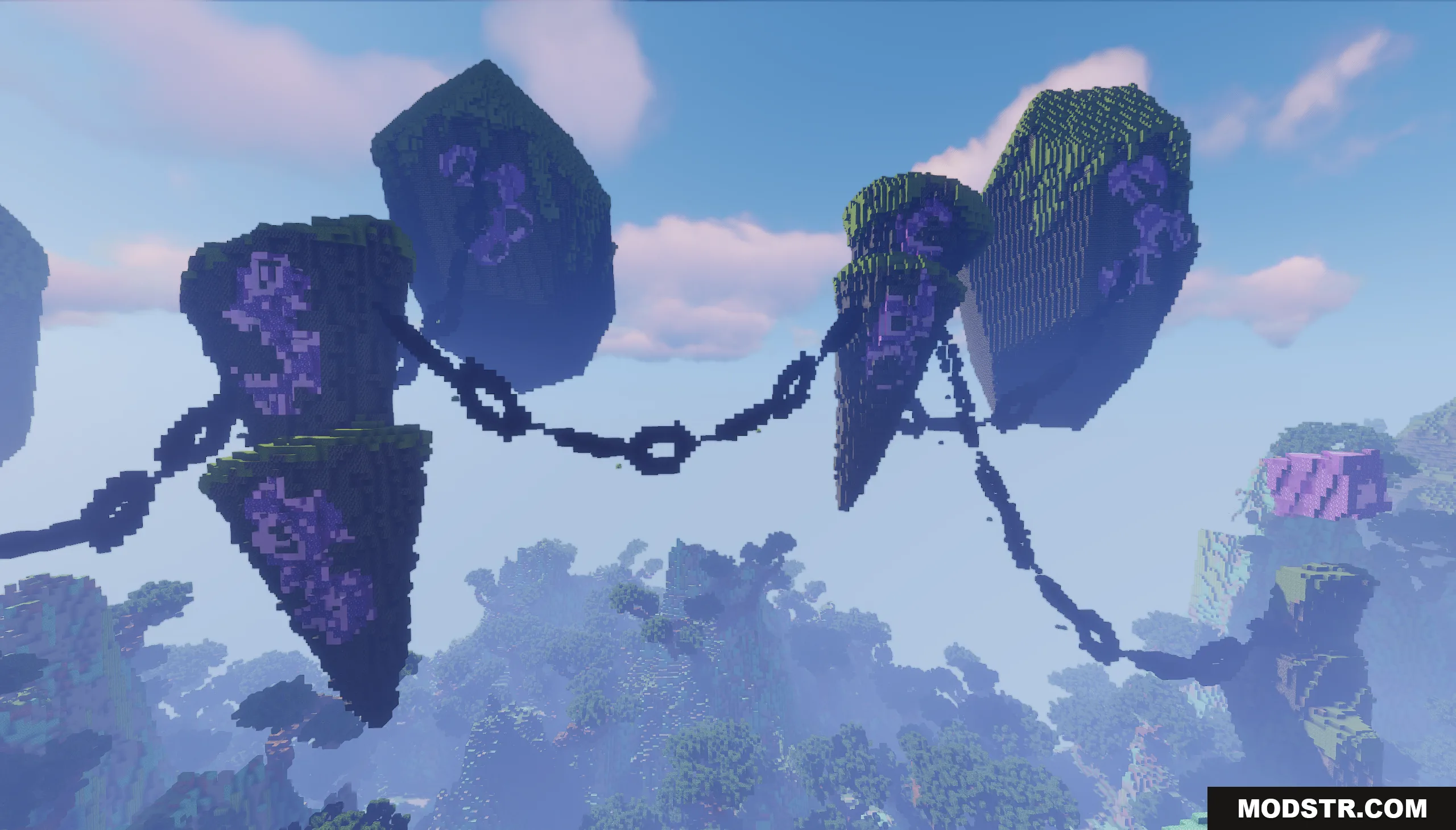 Floating islands with purple crystals connected by large chains in the sky