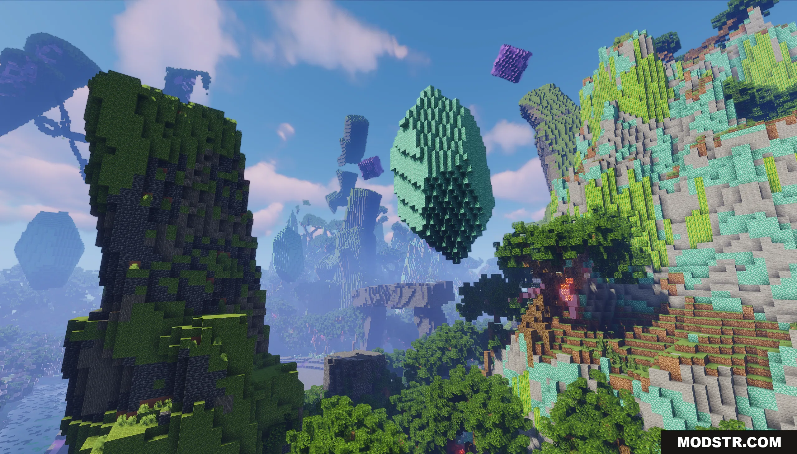 Floating green crystal structures above a lush alien landscape with tall jagged mountains