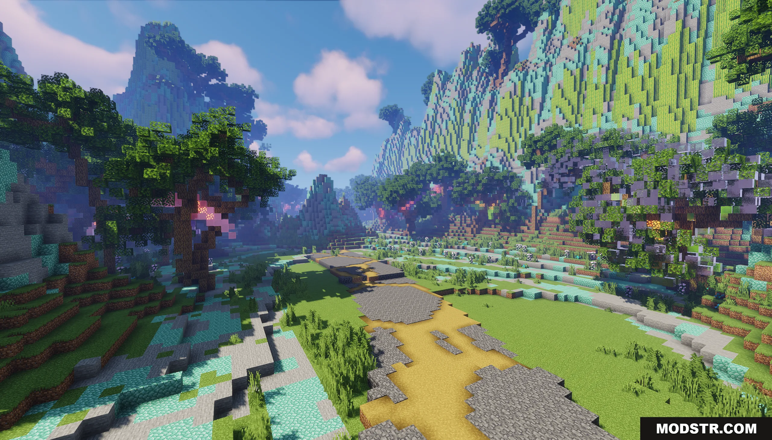 Cracked stone pathway leading through a lush valley with custom trees and mountains