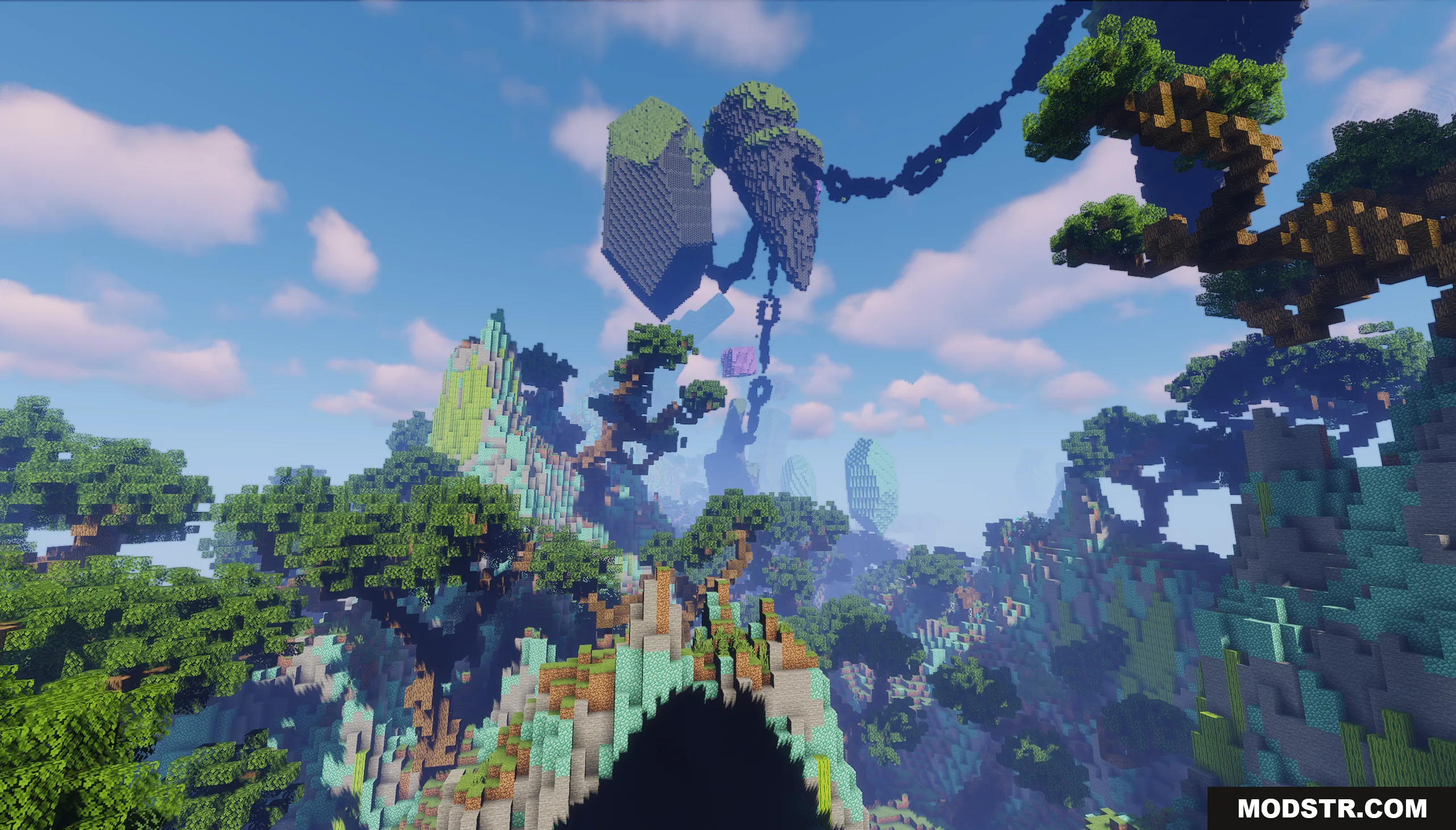 Floating islands connected by chains hover above a custom Minecraft forest landscape