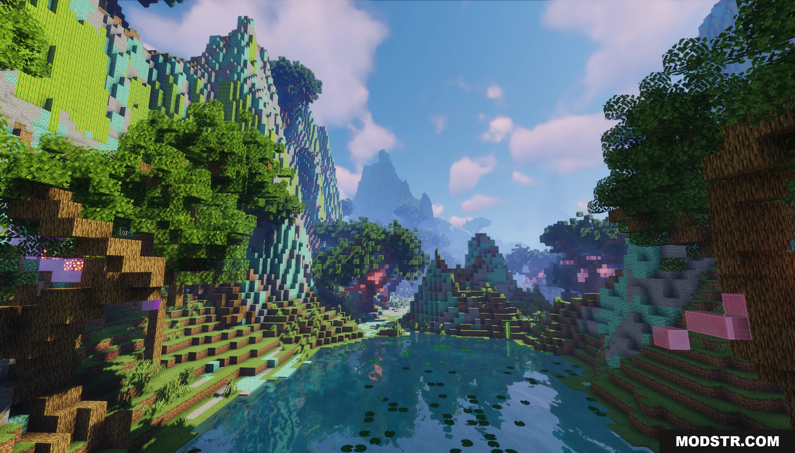 A vibrant Minecraft landscape featuring lush mountains and a river with lily pads