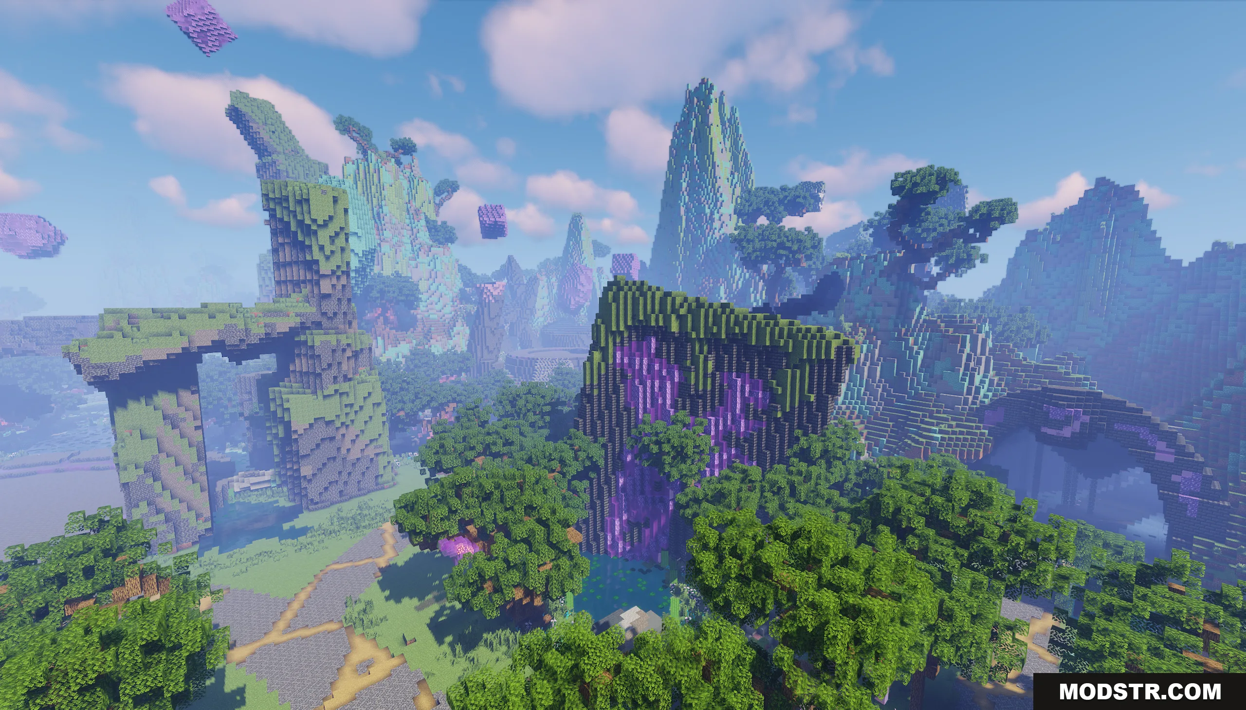 Custom fantasy terrain with large stone ruins and glowing purple crystal formations