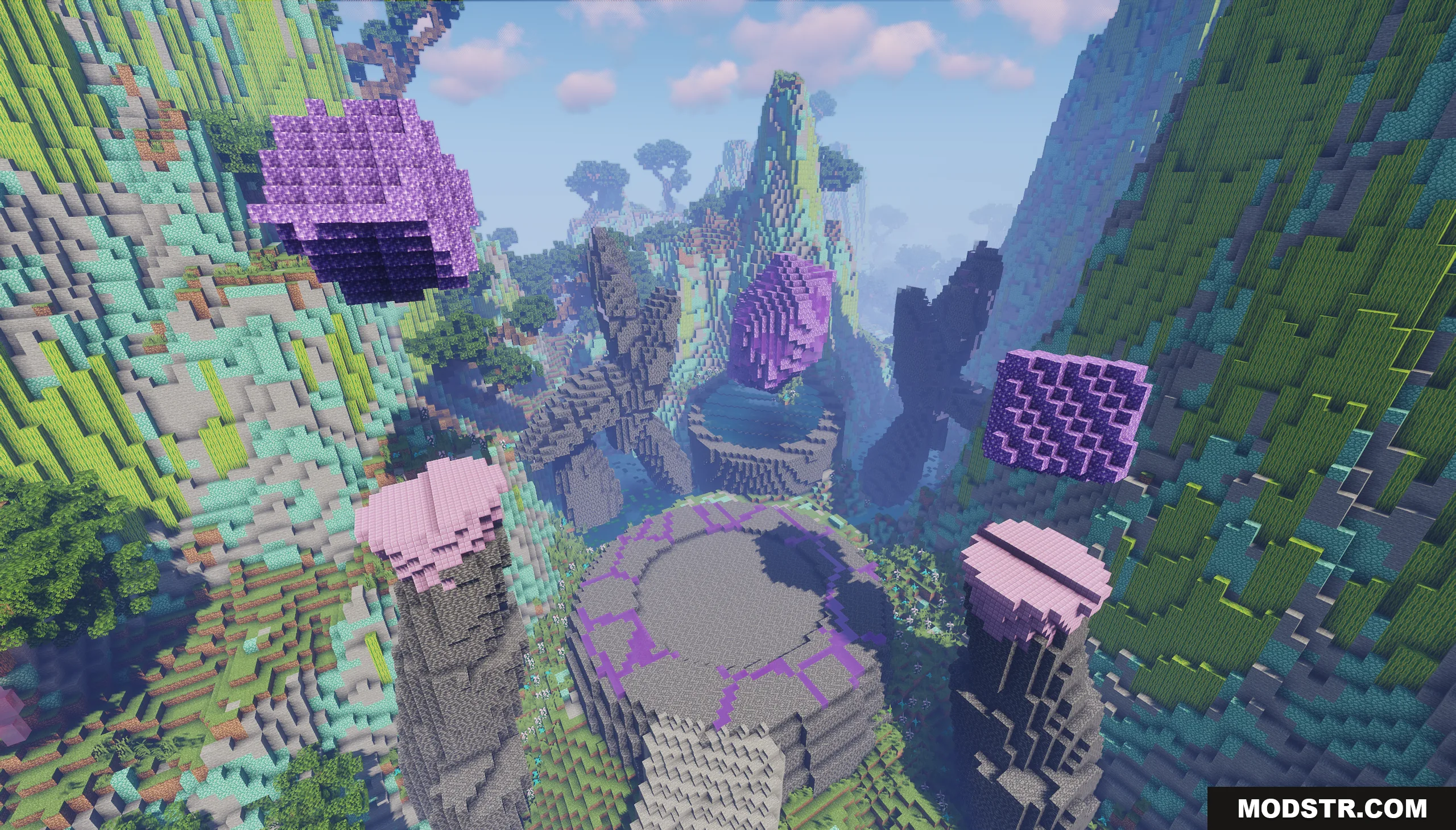 Floating purple crystals above a stone altar surrounded by tall pillars and mountains