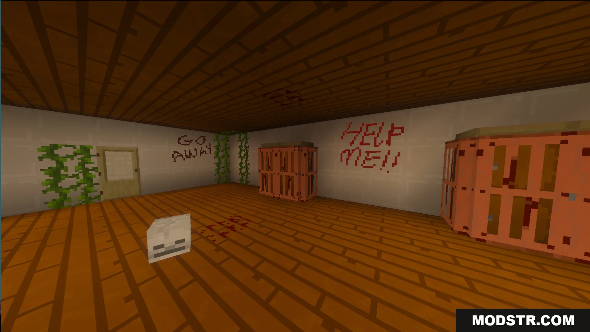 Escape from a scary house with white walls and red writing on them