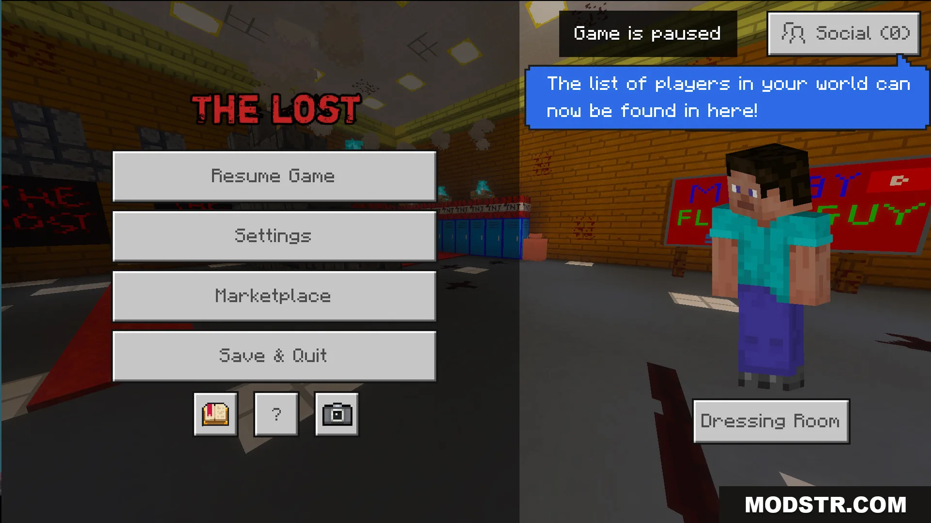 Minecraft pause menu for The Lost Horror Map with Steve character
