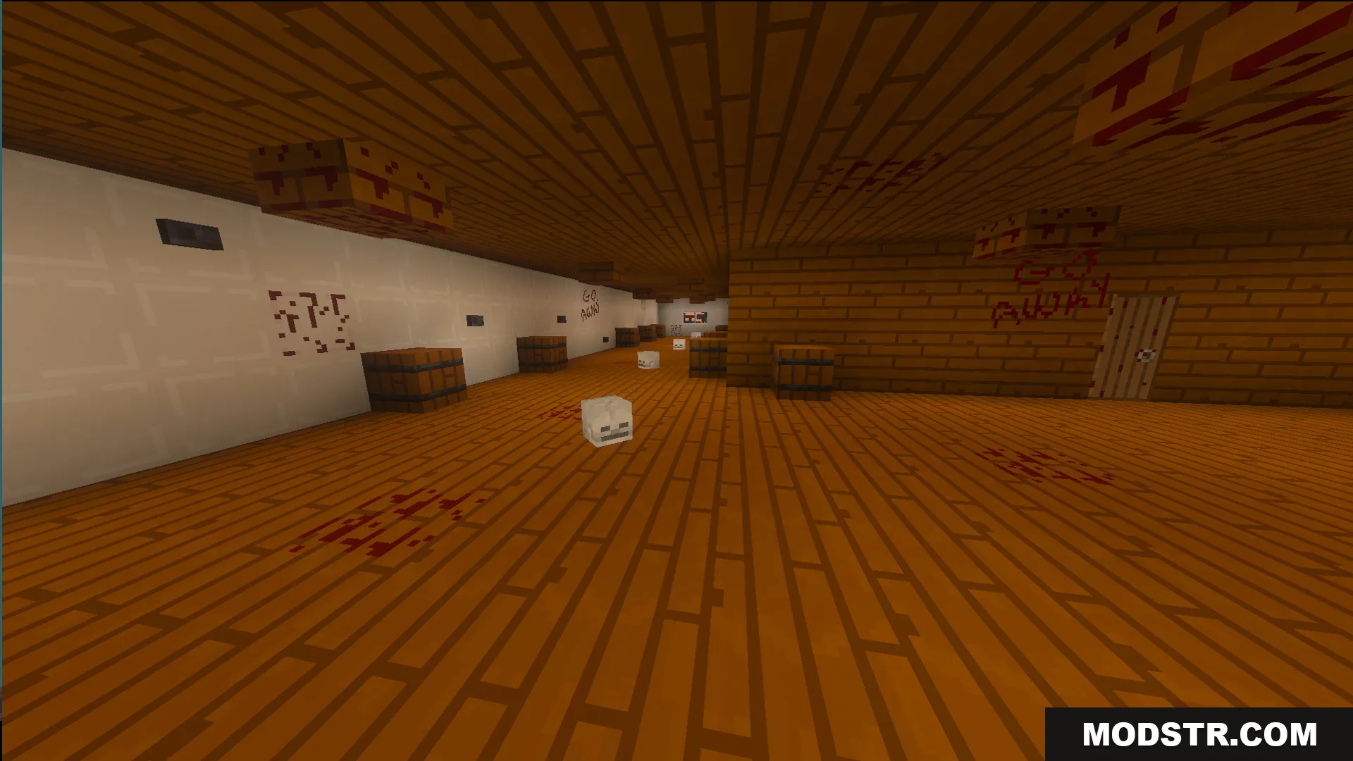 Creepy wooden hallway with skeleton heads and blood stains on the floor