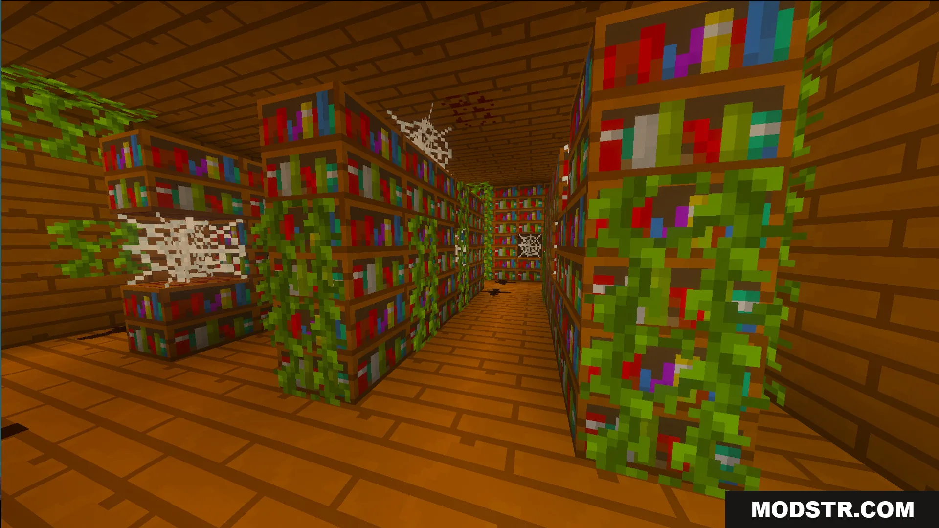 Overgrown library with bookshelves and cobwebs inside the creepy school from Baldis Basics