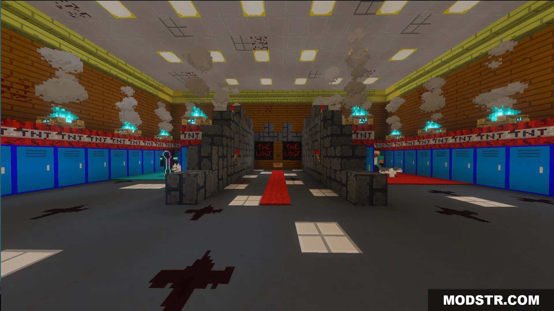 A creepy school hallway with blue lockers TNT blocks and soul campfires
