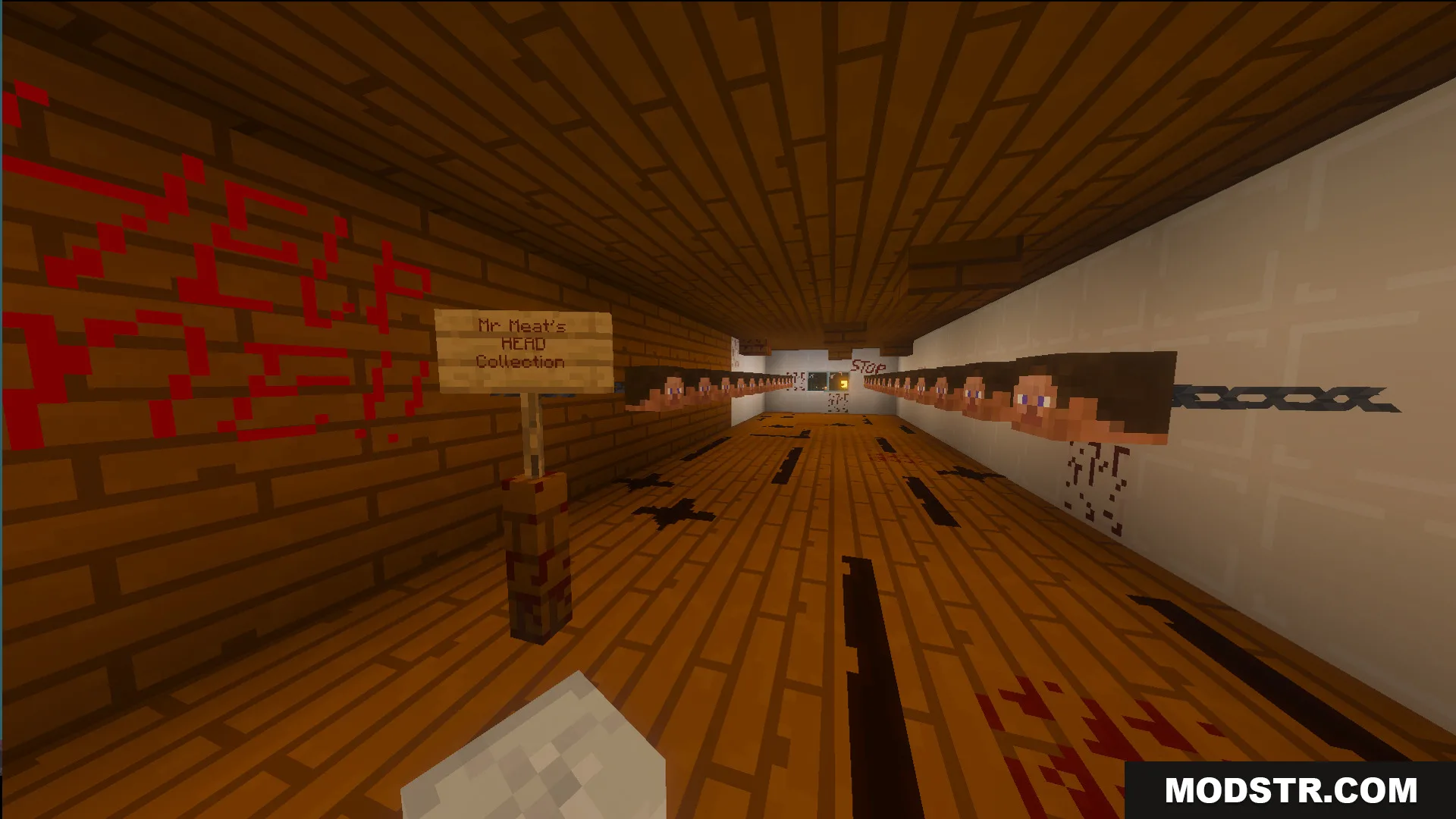 Hallway in Mr Meat scary house with a sign and head collection