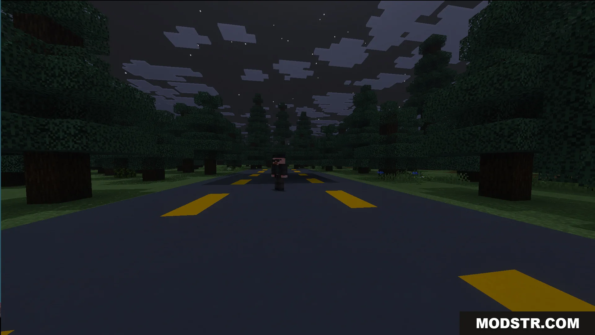 Walter White character standing on a dark road surrounded by trees at night