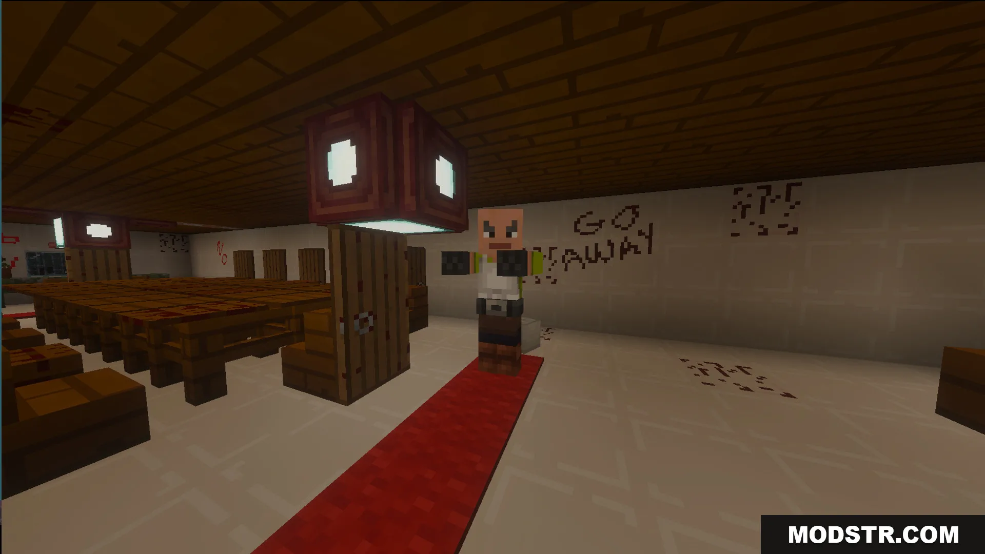 A character stands on a red carpet in a room with warning text