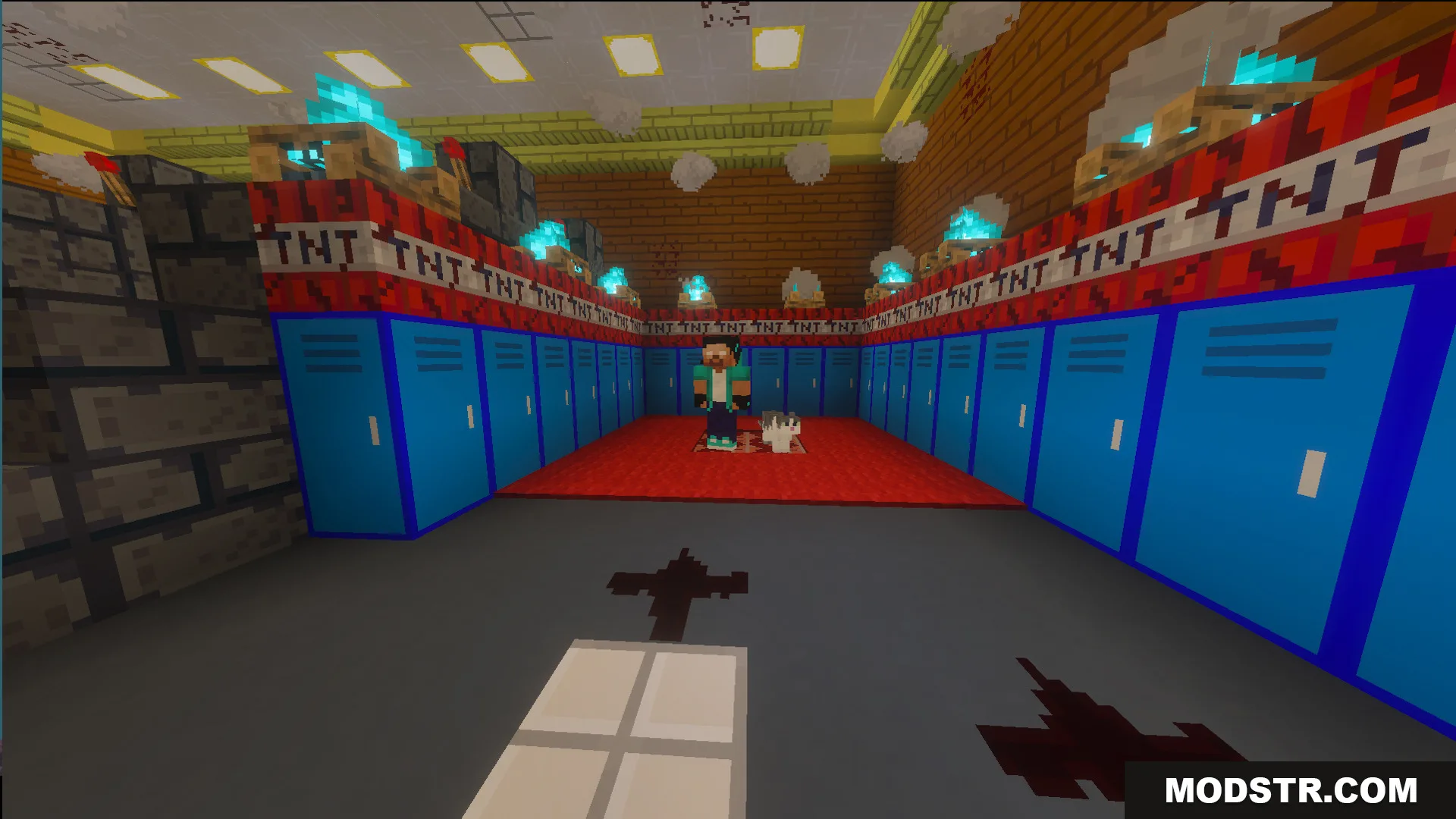 Player and cat in a school hallway with blue lockers and TNT blocks
