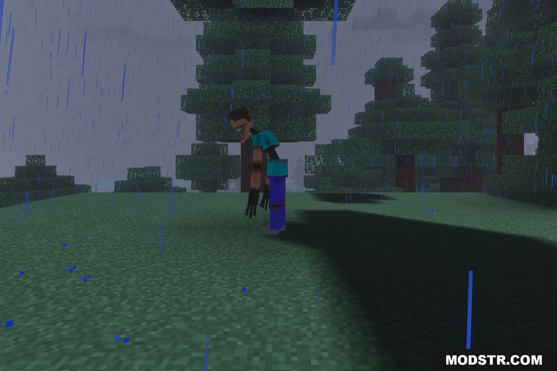 The Mimicer Patch FR Addon Screenshot 3 A distorted Steve creature with elongated limbs stands in a rainy forest