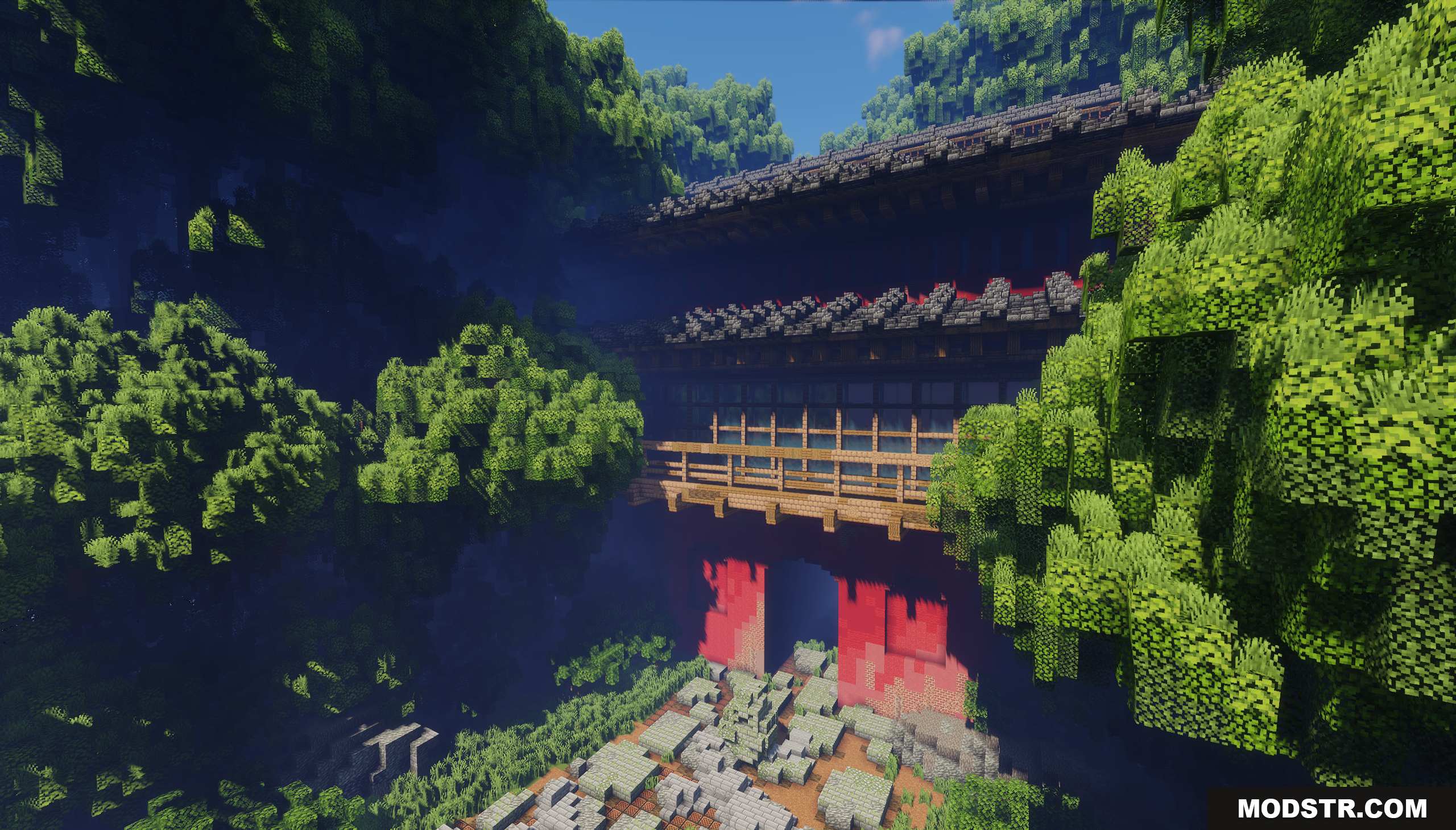 The Red Gate Map Screenshot 2 Angled view of the grand red gate structure and wooden balcony