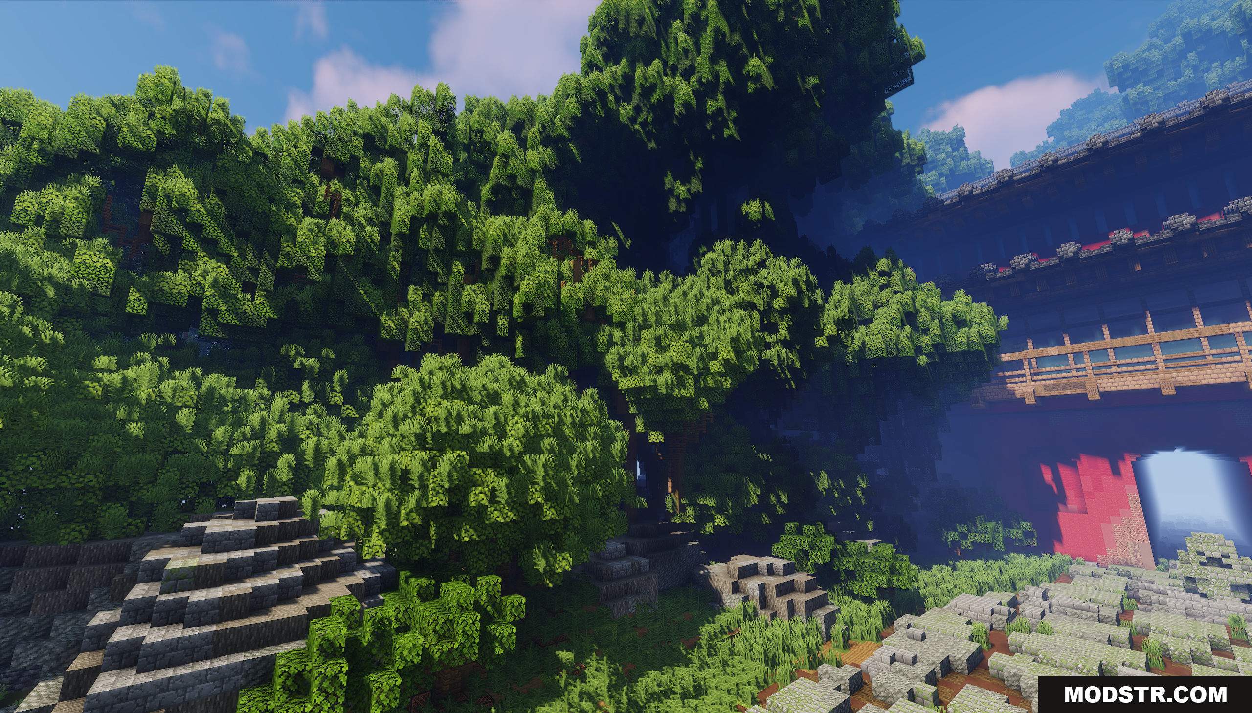 The Red Gate Map Screenshot 5 Lush forest path leading towards a large traditional red building