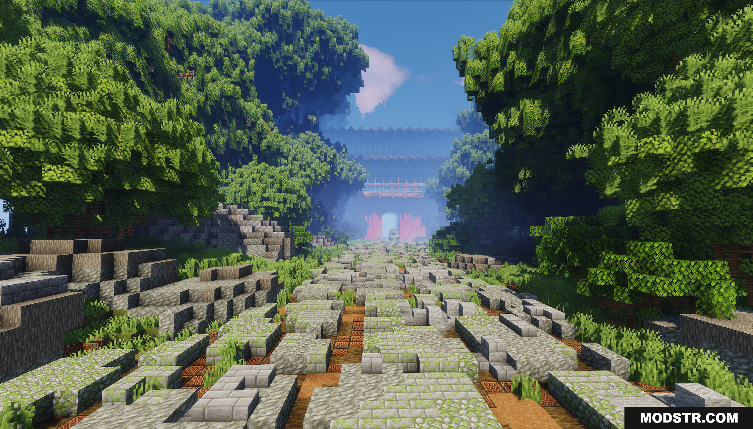 The Red Gate Map Screenshot 4 Wide stone path leading through a forest to a distant gate
