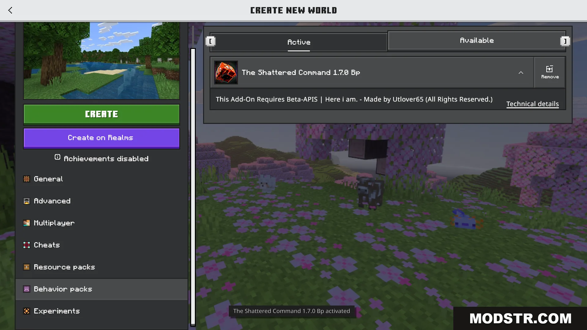 The Shattered Command Addon Screenshot 1 Activating the behavior pack for this horror addon in world creation menu
