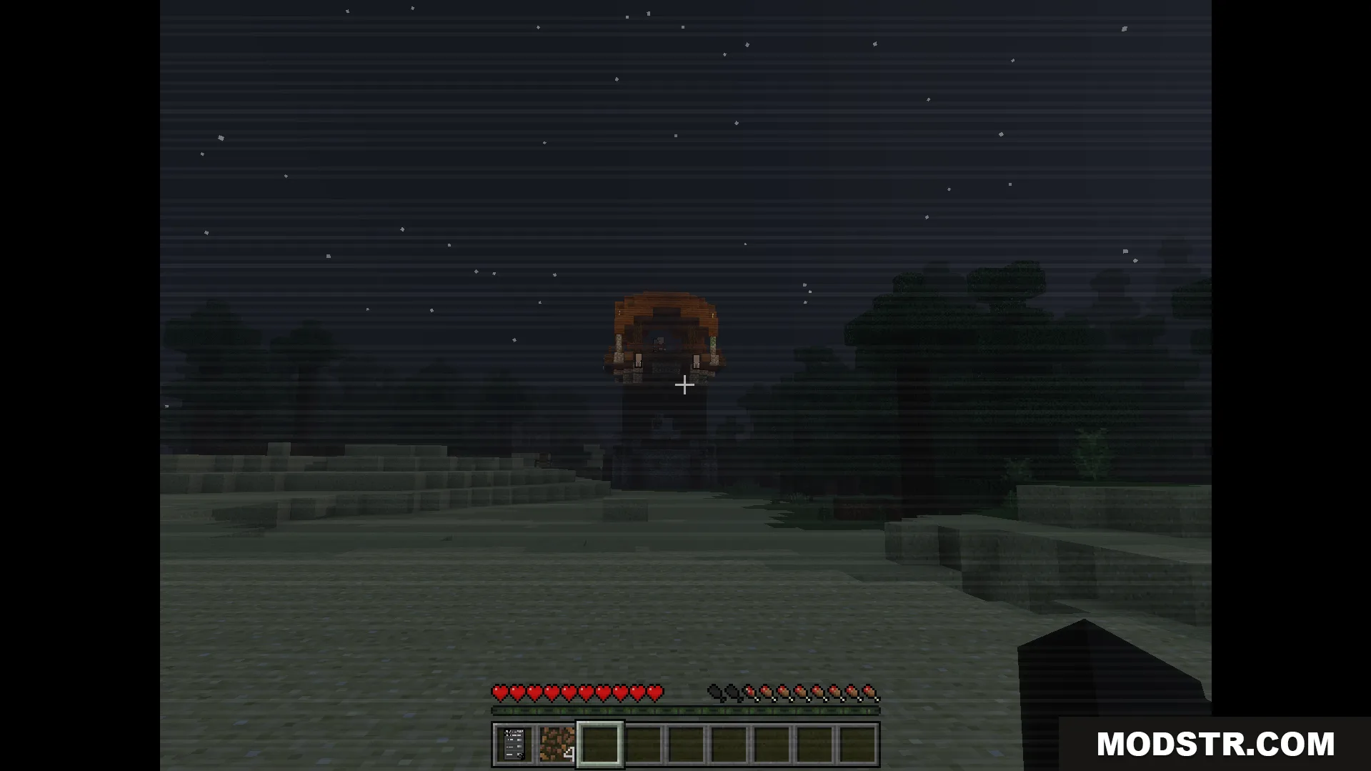 The Shattered Command Addon Screenshot 8 Player approaching pillager outpost at night with VHS overlay effect