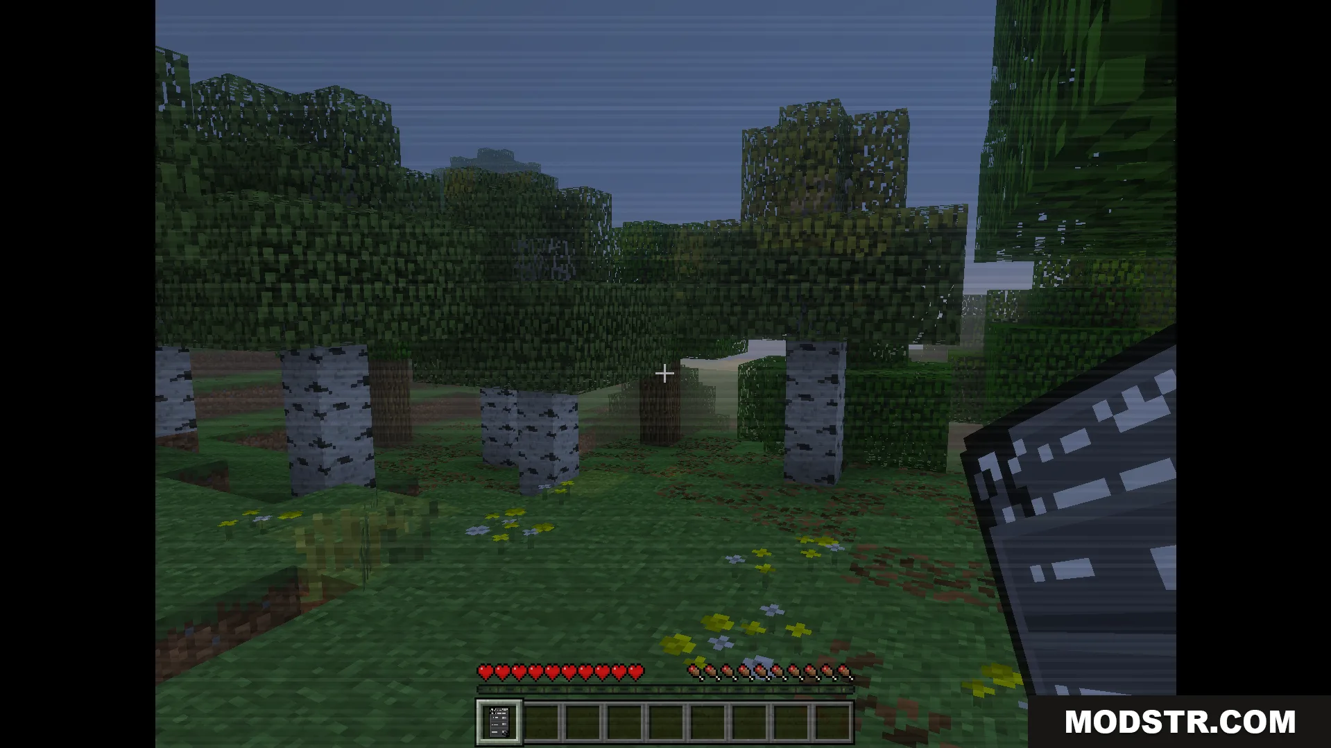 The Shattered Command Addon Screenshot 2 Player exploring a forest with the creepy VHS overlay effect active on screen