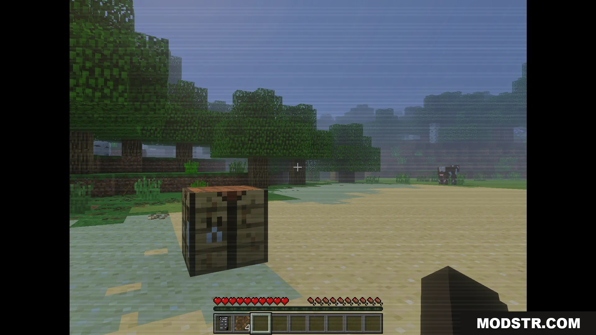 The Shattered Command Addon Screenshot 4 exploring the survival world with a crafting table and creepy vhs overlay