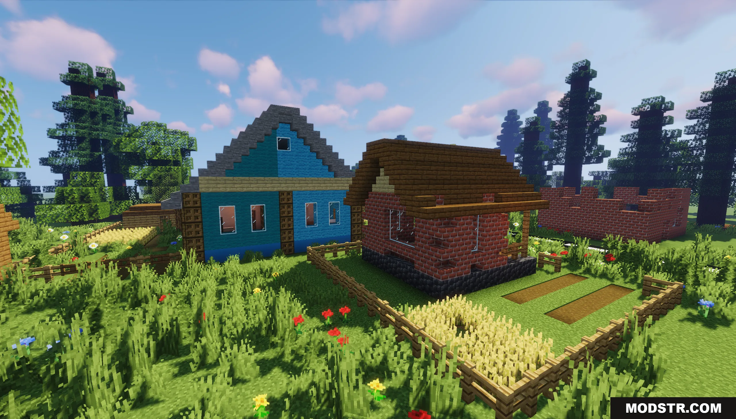 The Town of Mordovia Map Screenshot 9 A blue house and a brick house stand next to a small wheat farm
