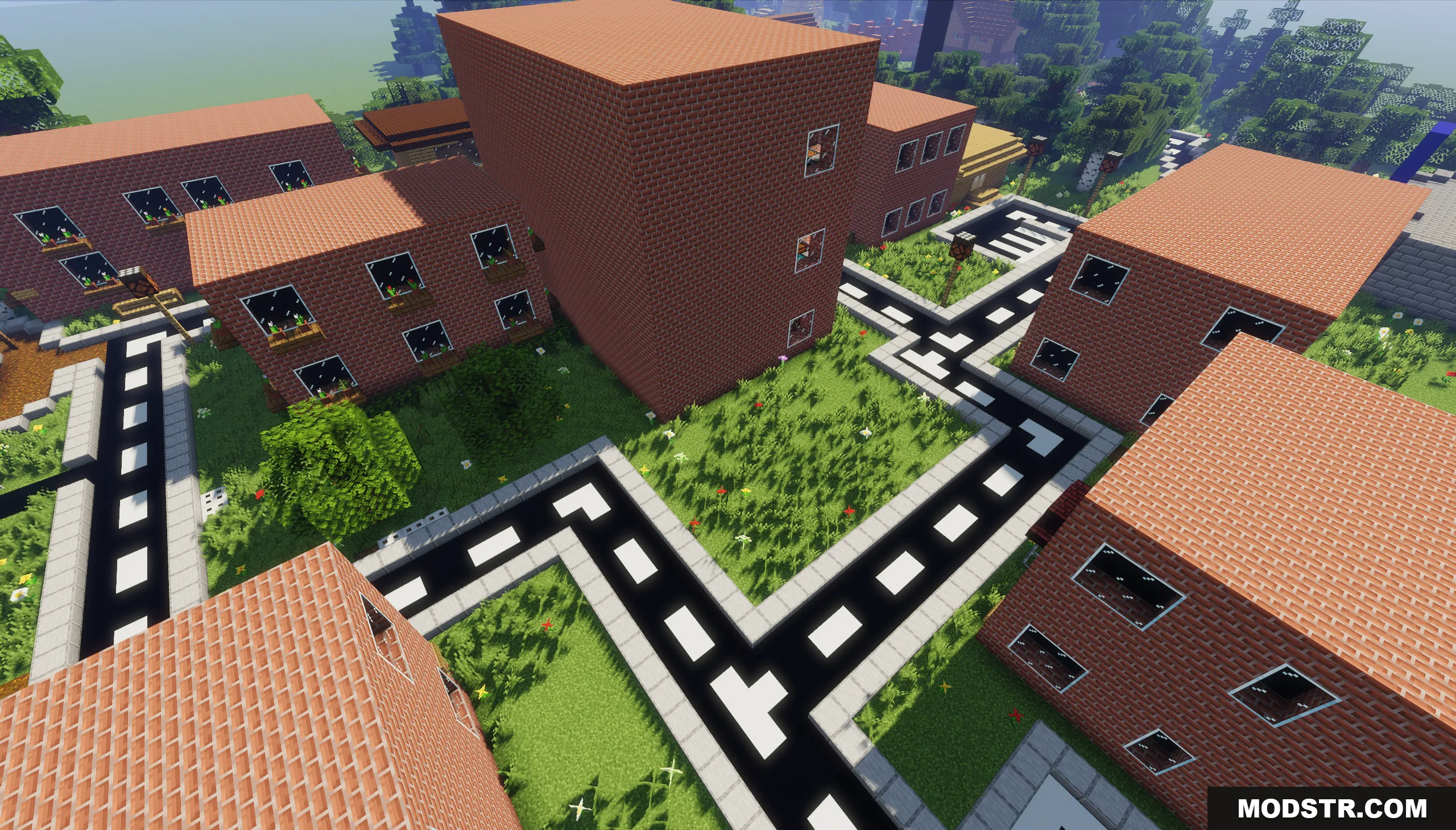 The Town of Mordovia Map Screenshot 6 Aerial view of brick houses and paved roads in a Minecraft town