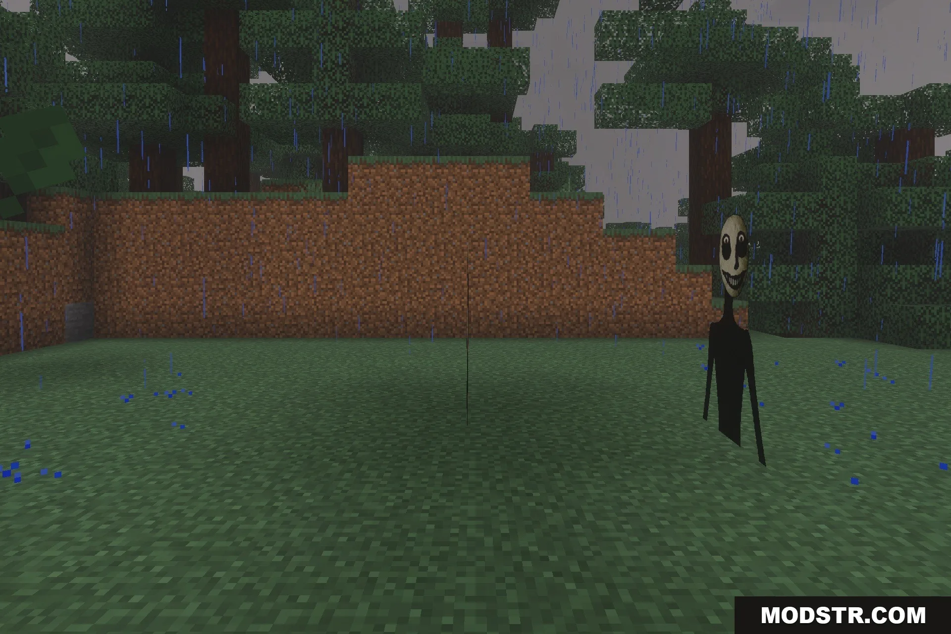 The Twixxel's Stalkers MCBE With Advanced AI Addon Screenshot 4 A tall dark stalker entity with a creepy face standing in the rain