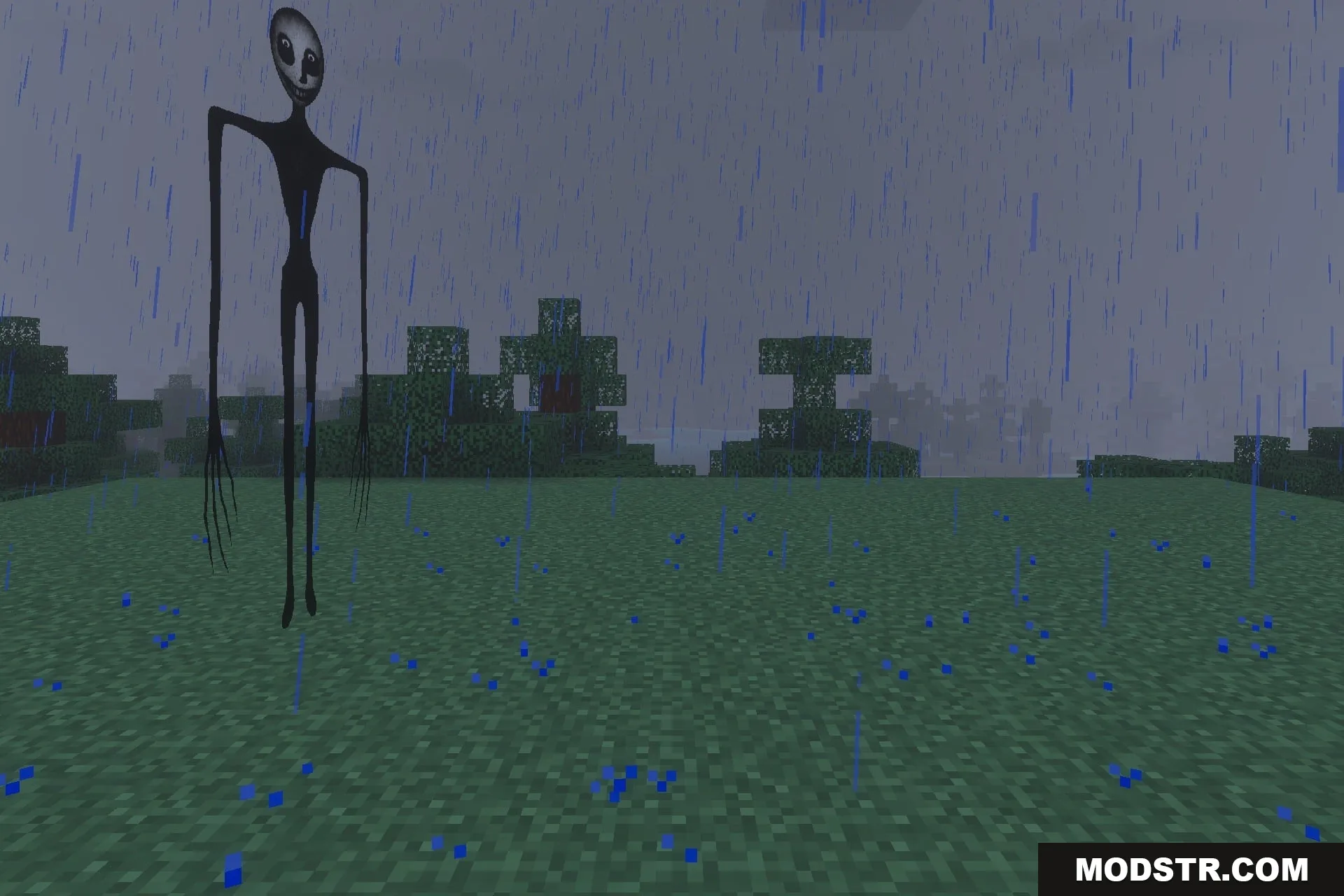 The Twixxel's Stalkers MCBE With Advanced AI Addon Screenshot 1 A tall creepy humanoid stalker with long limbs stands in the pouring rain