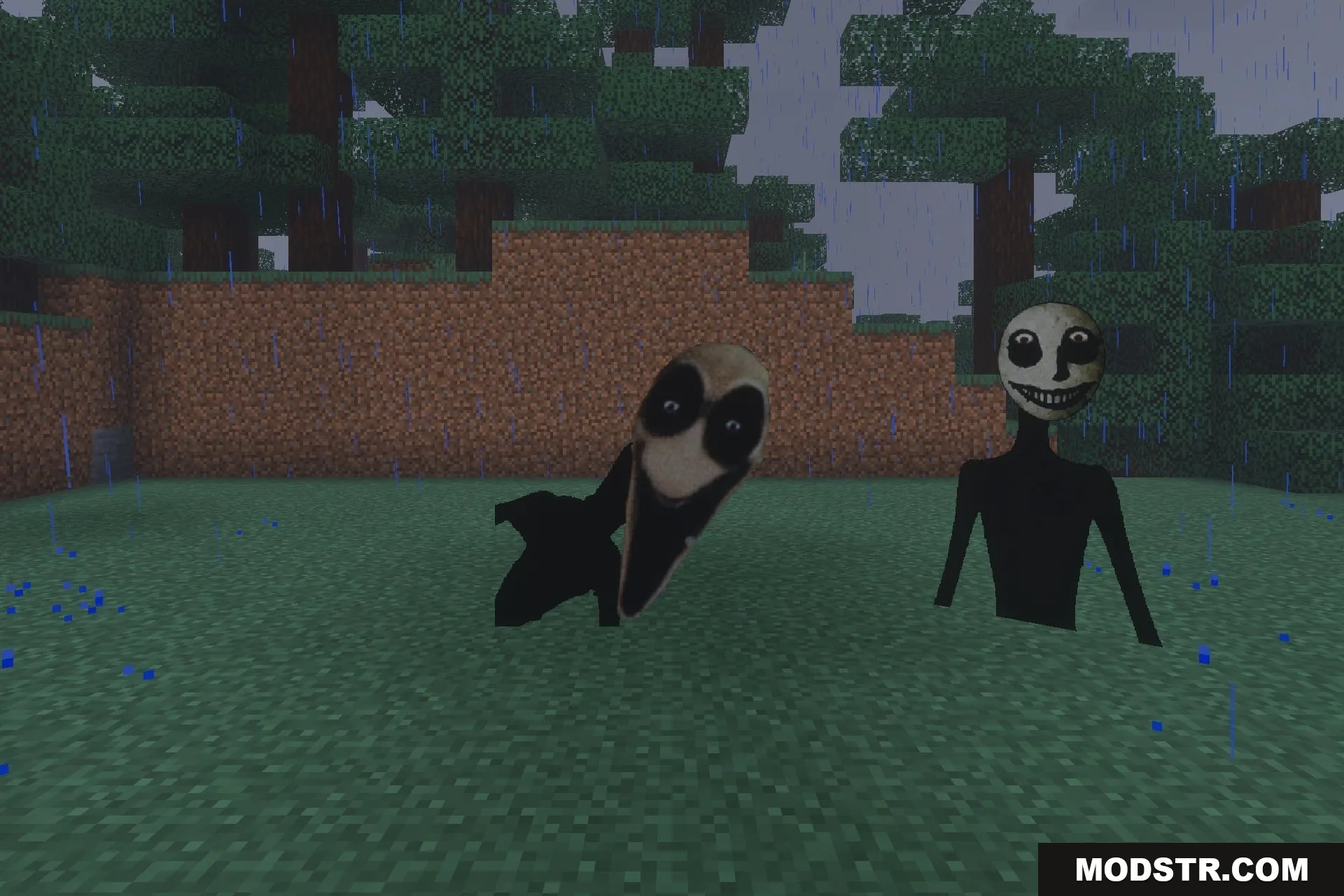 The Twixxel's Stalkers MCBE With Advanced AI Addon Screenshot 3 Two eerie humanoid stalkers with distorted faces standing in a rainy forest