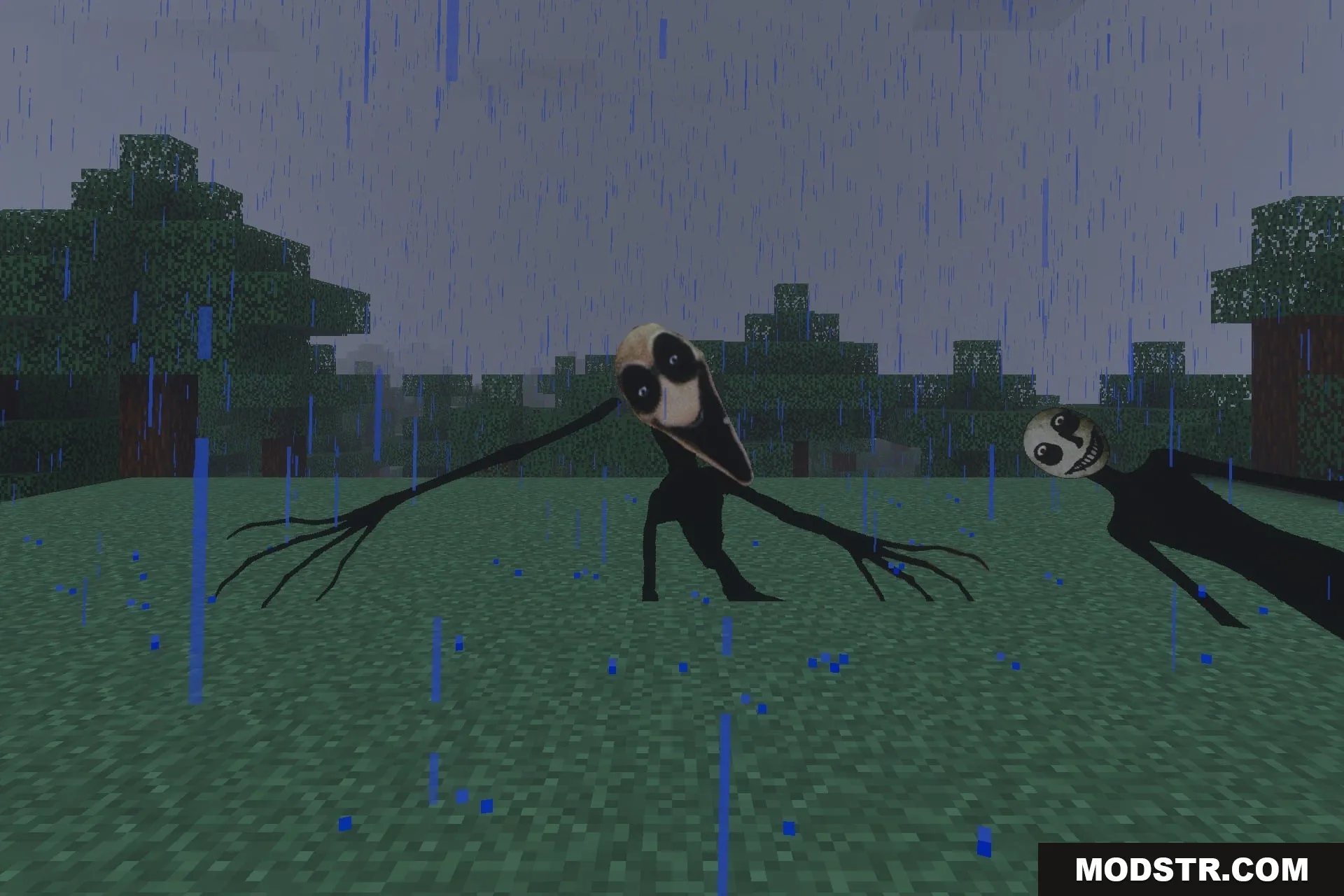 The Twixxel's Stalkers MCBE With Advanced AI Addon Screenshot 2 Two eerie dark entities with distorted faces crawling through a rainy Minecraft field