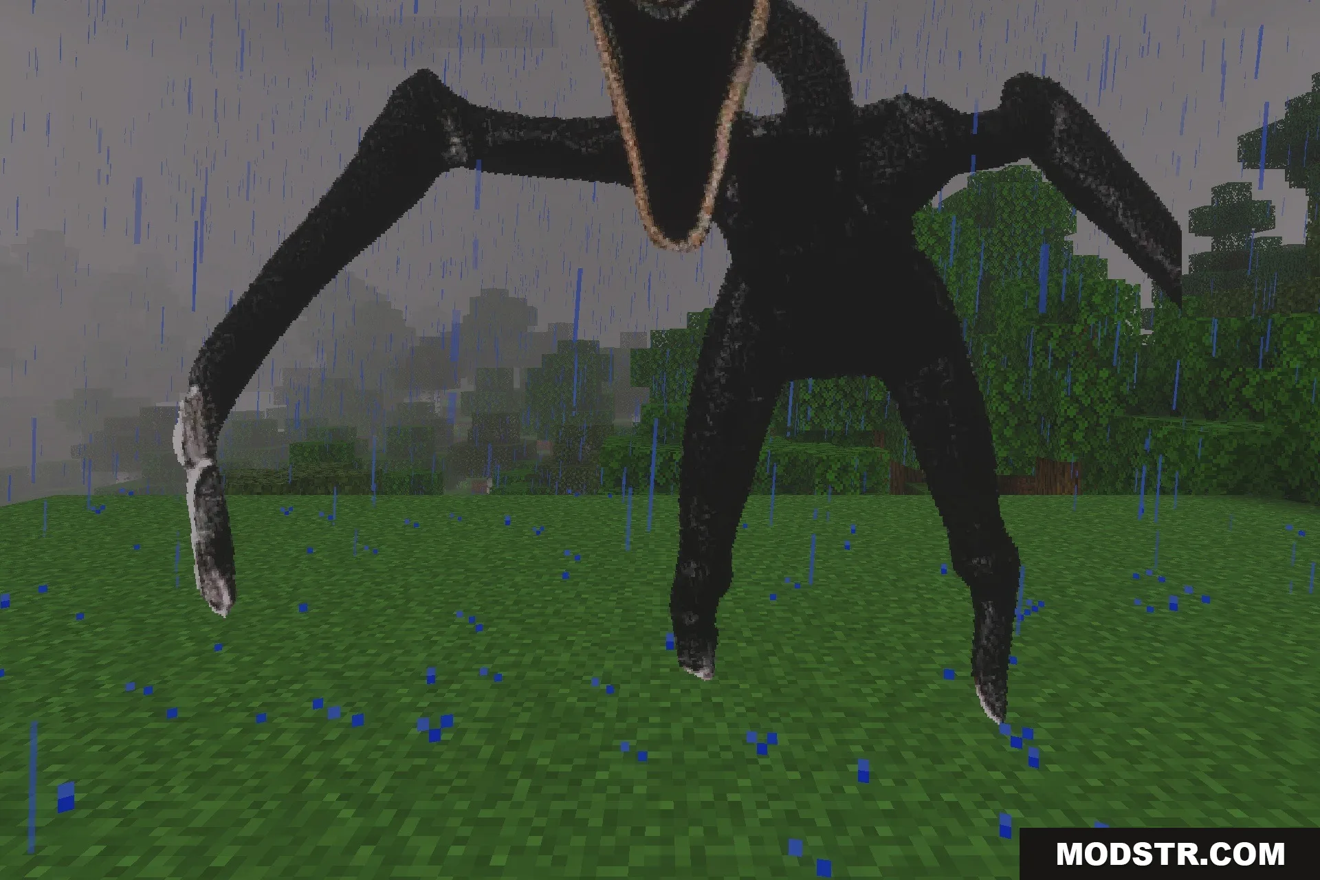 The Twixxel's Stalkers MCBE With Advanced AI Addon Screenshot 5 A tall black stalker entity with a gaping mouth standing in the rain
