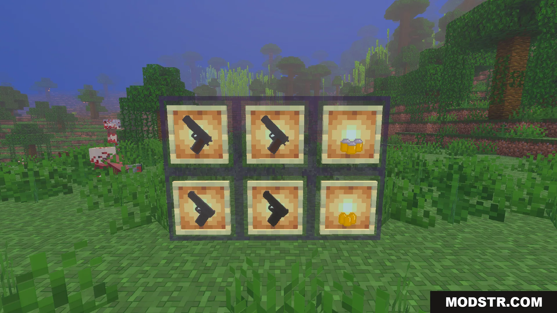 The Walking Zed Addon Screenshot 10 Several black weapons and yellow items displayed in item frames on obsidian blocks