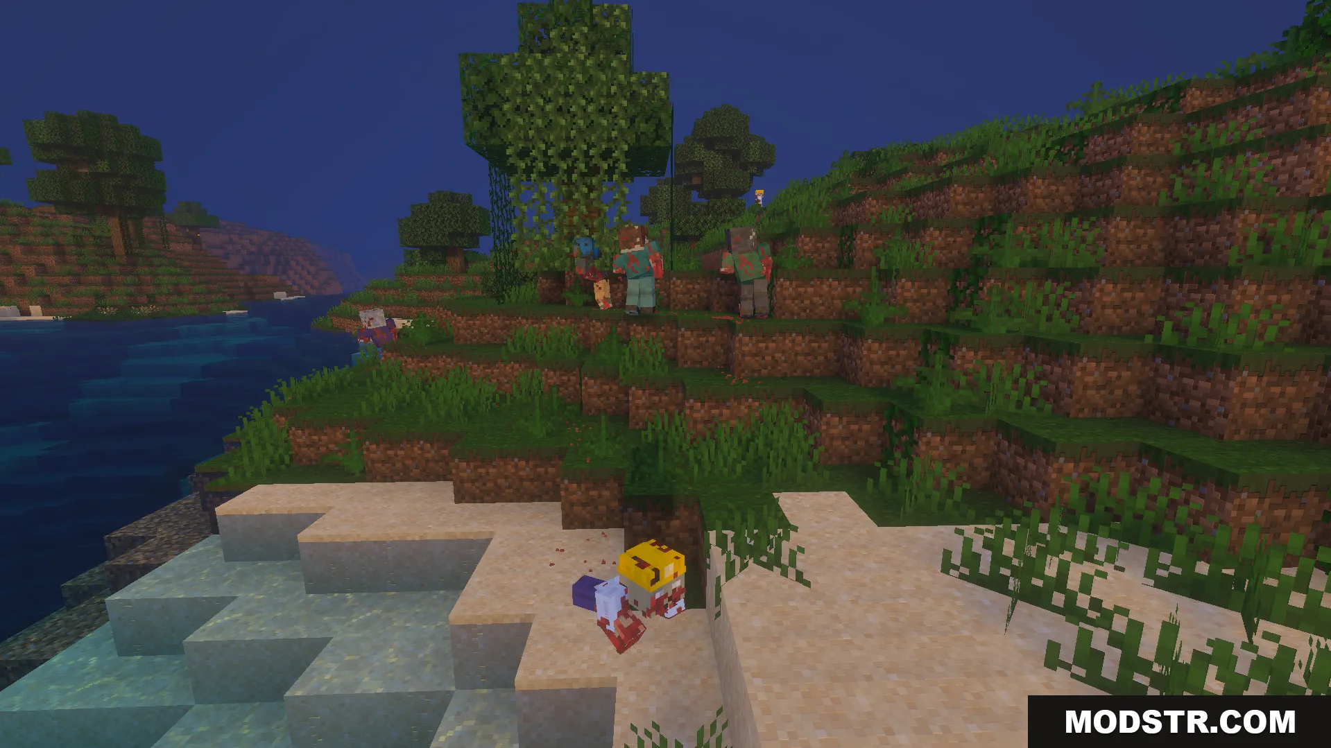The Walking Zed Addon Screenshot 3 Various new zombie types spawning on a grassy shore near the water