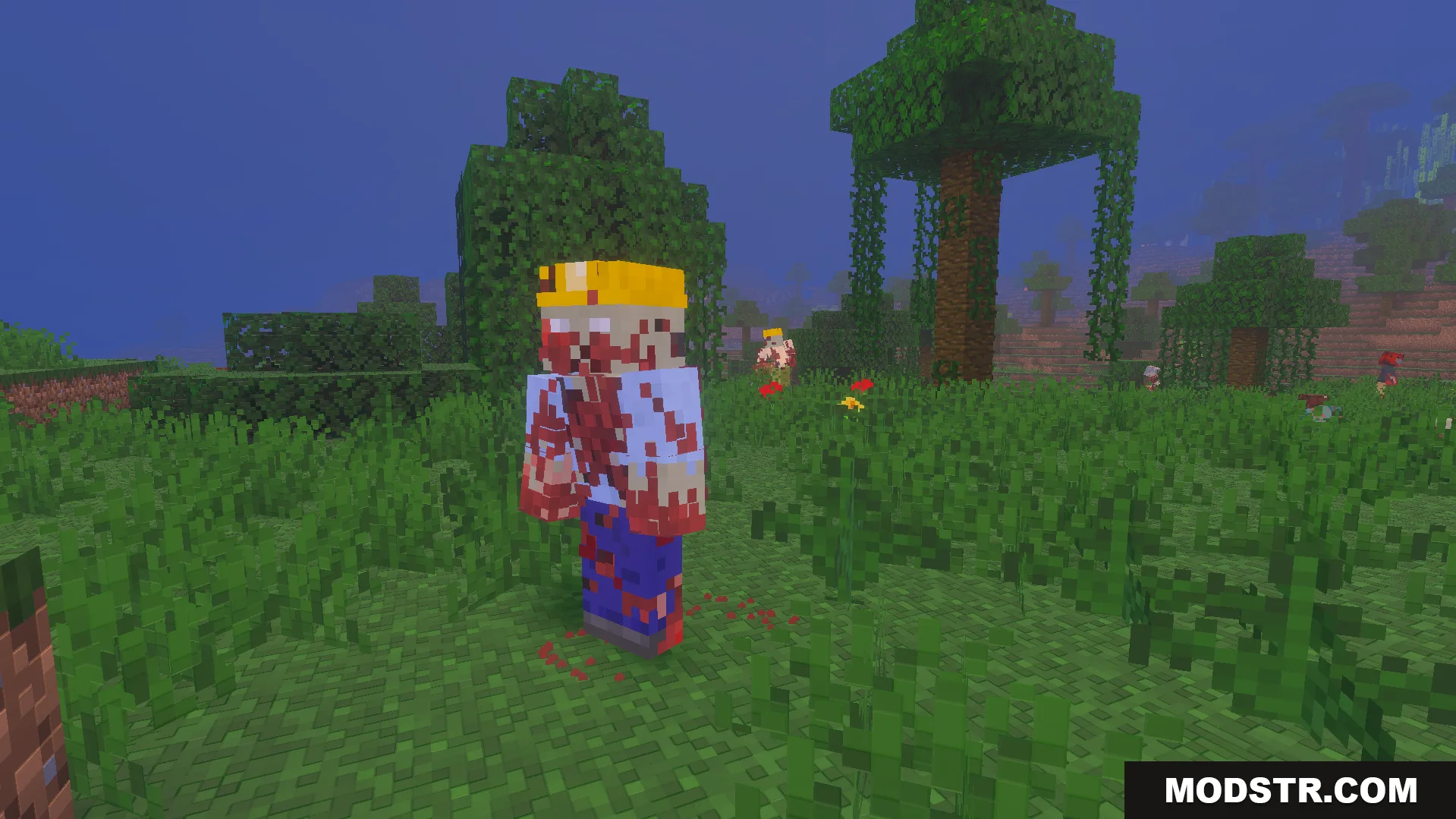 The Walking Zed Addon Screenshot 9 A bloody zombie wearing a yellow hard hat standing in a grassy biome
